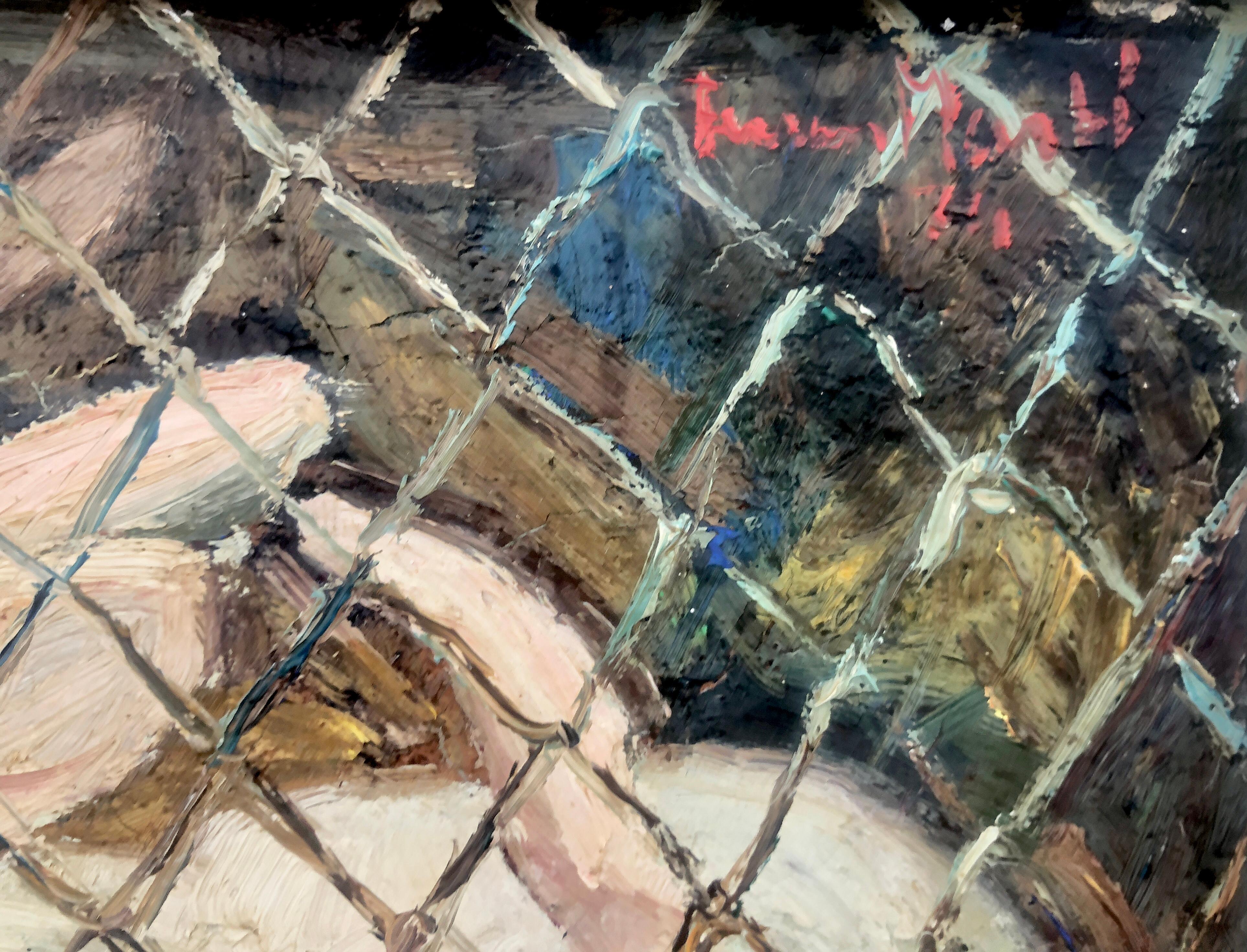 Peinture à l'huile sur toile - Scène de lapins en cage avec animaux - Impressionnisme Painting par Ferran Marti