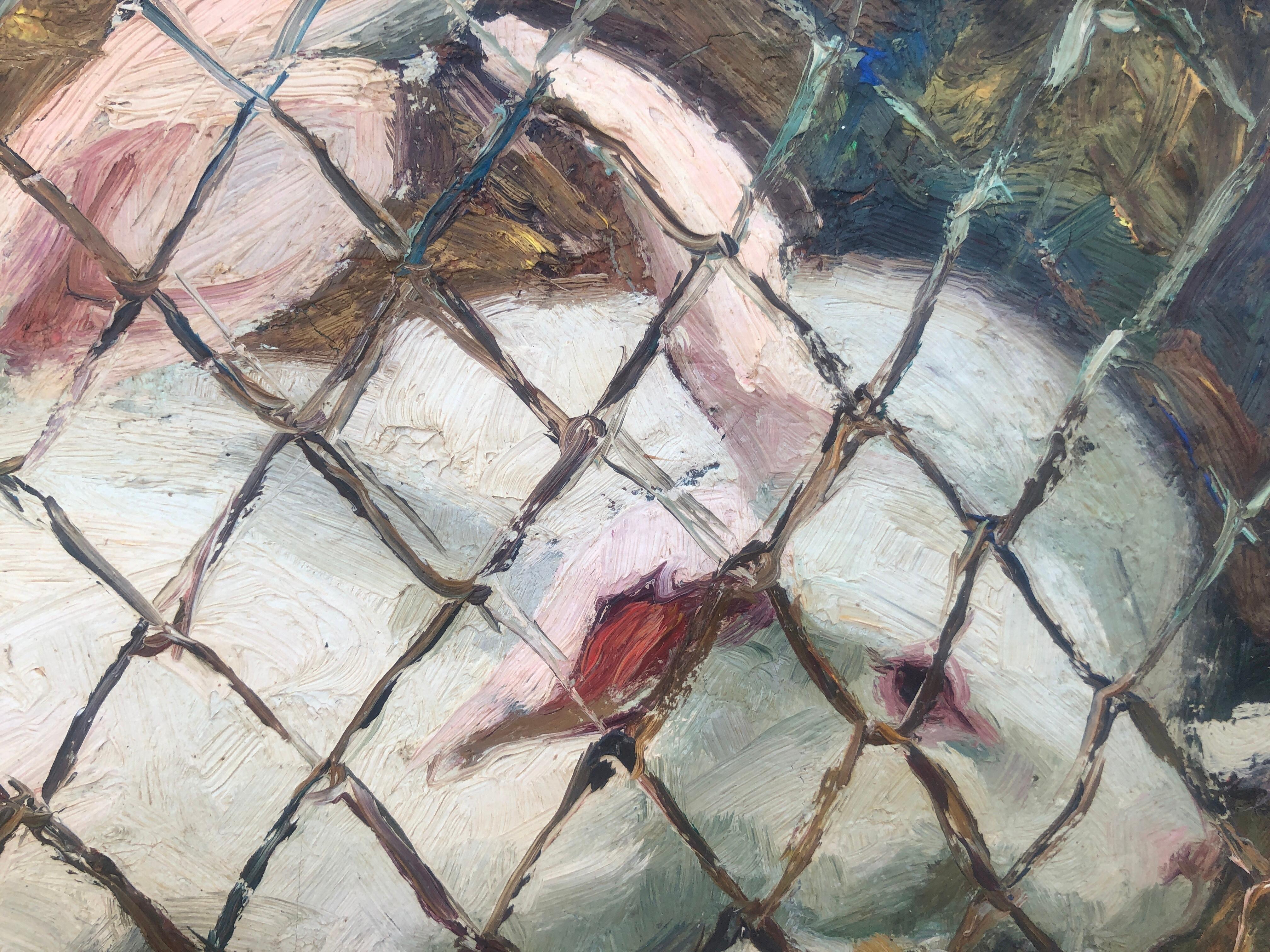 scena di conigli in gabbia con animali pittura ad olio su tela - Animal Painting Grigio di Ferran Marti