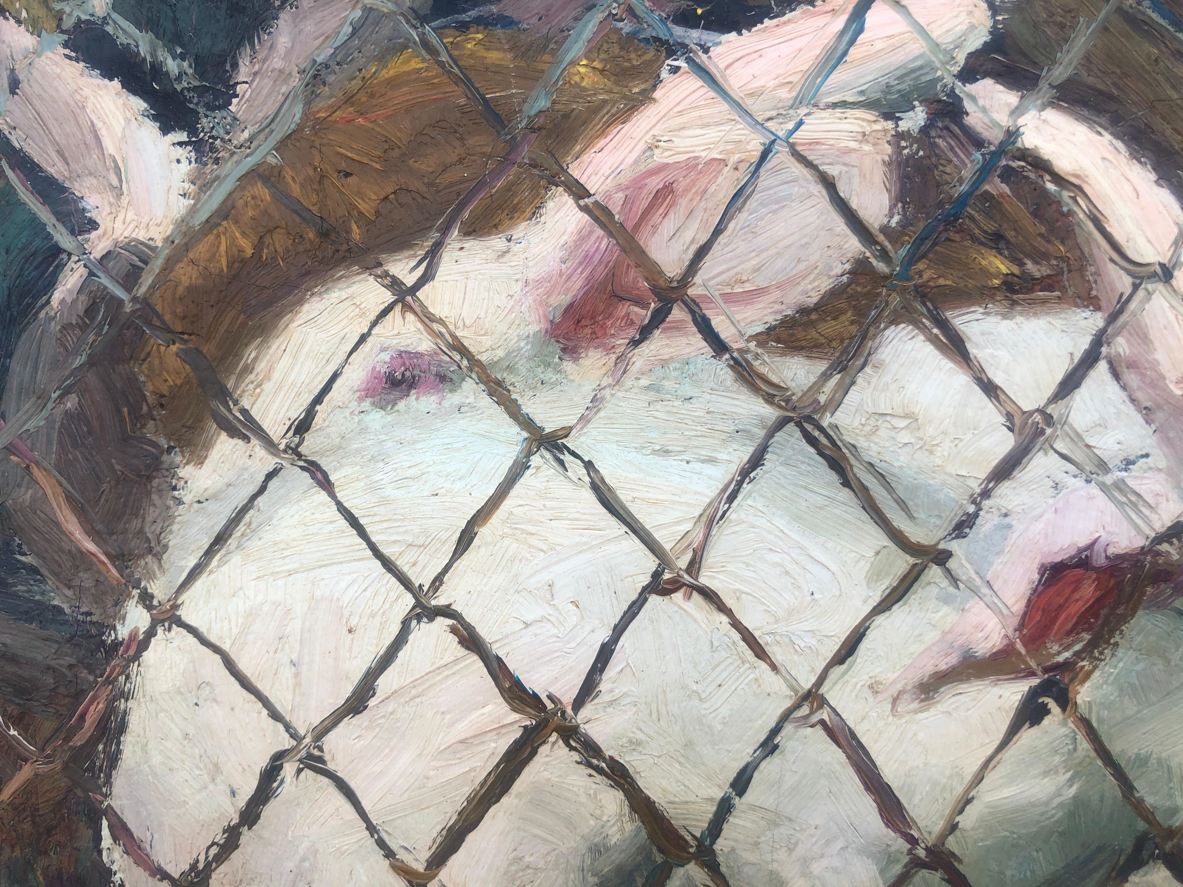 Peinture à l'huile sur toile - Scène de lapins en cage avec animaux en vente 1