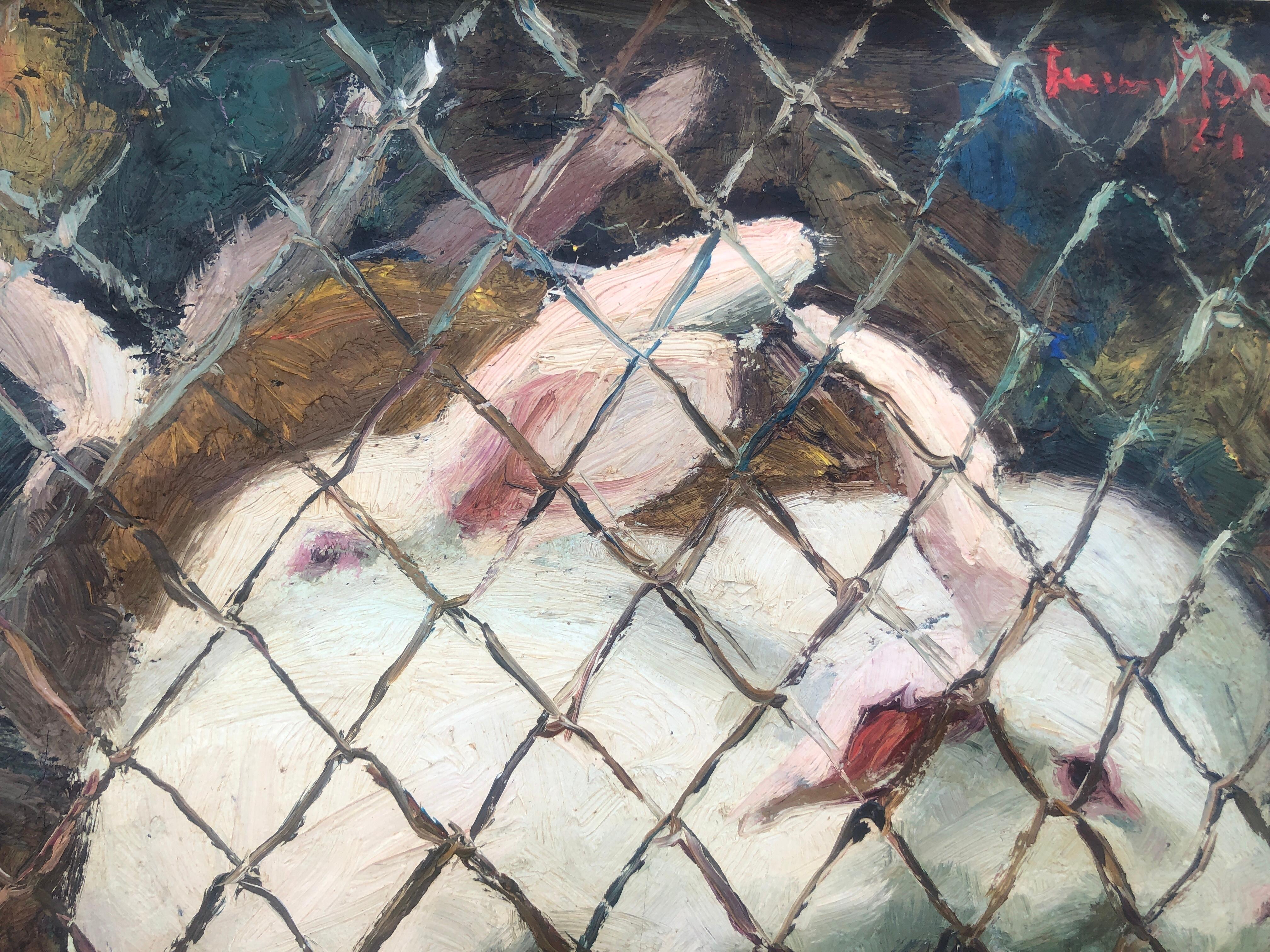 caged rabbits scene with animals oil on canvas painting - Gray Animal Painting by Ferran Marti