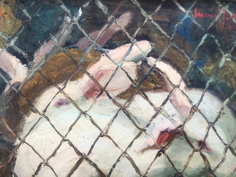 caged rabbits scene with animals oil on canvas painting For Sale 2
