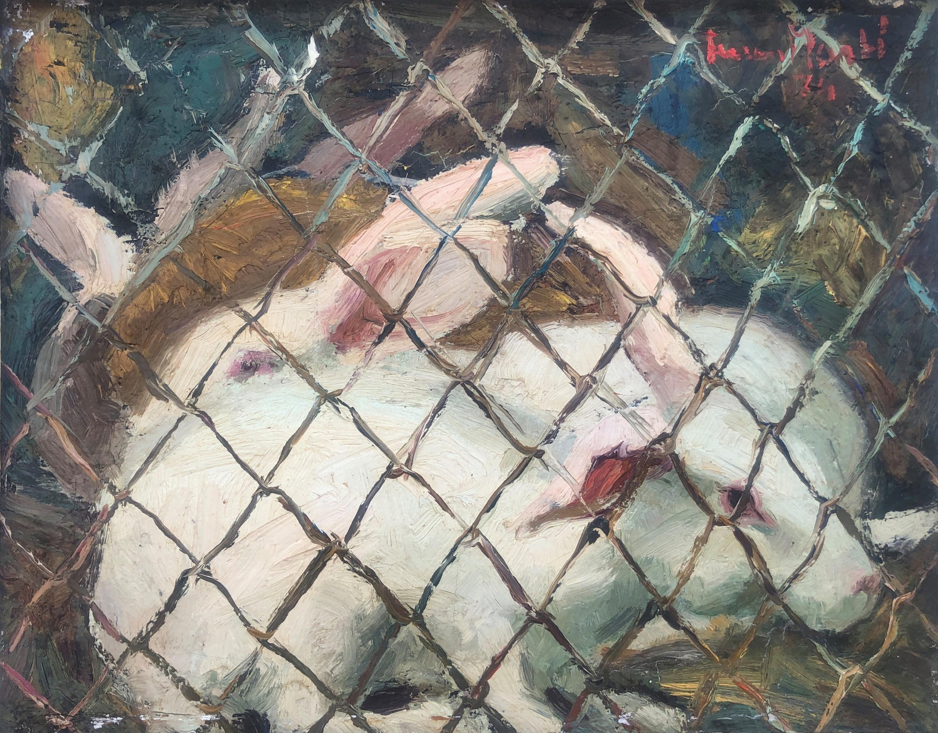 Animal Painting Ferran Marti - Peinture à l'huile sur toile - Scène de lapins en cage avec animaux