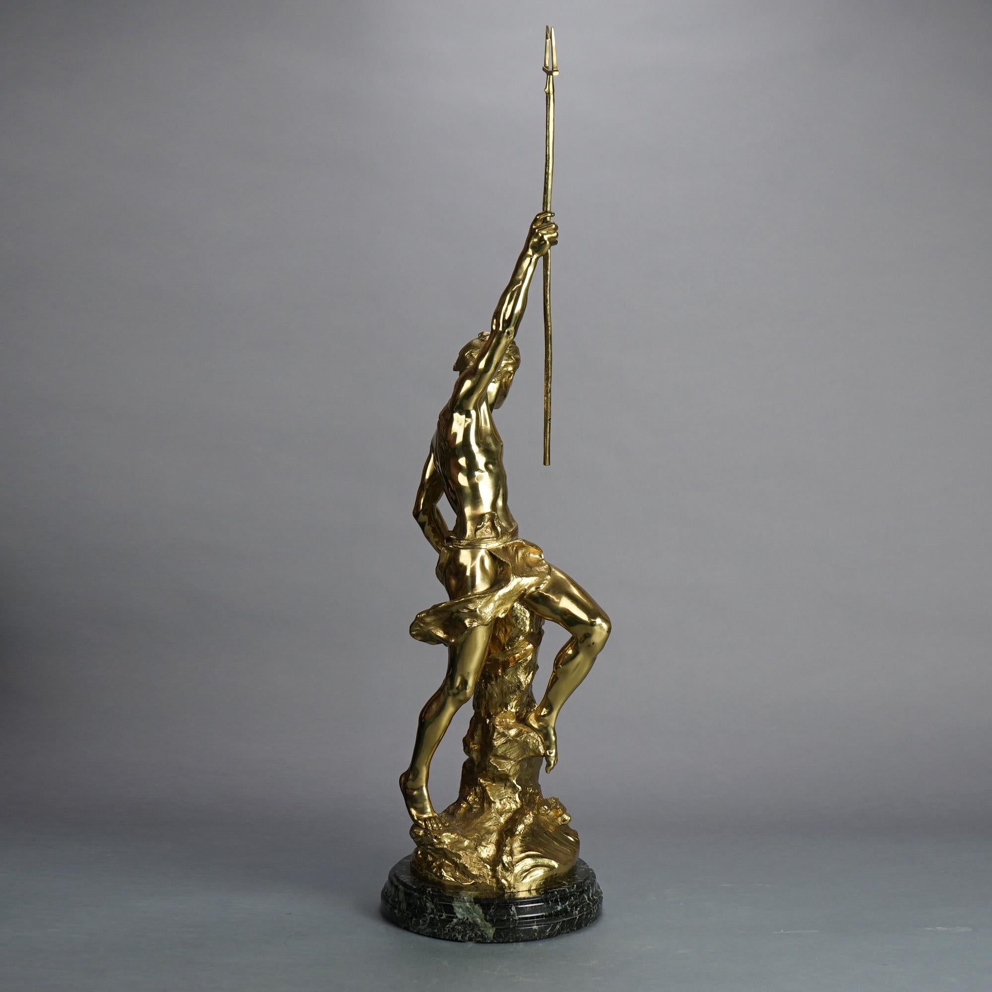 Ferrand Young Neptune Cast Bronze Gladiator on Marble Base C1890 In Good Condition For Sale In Big Flats, NY
