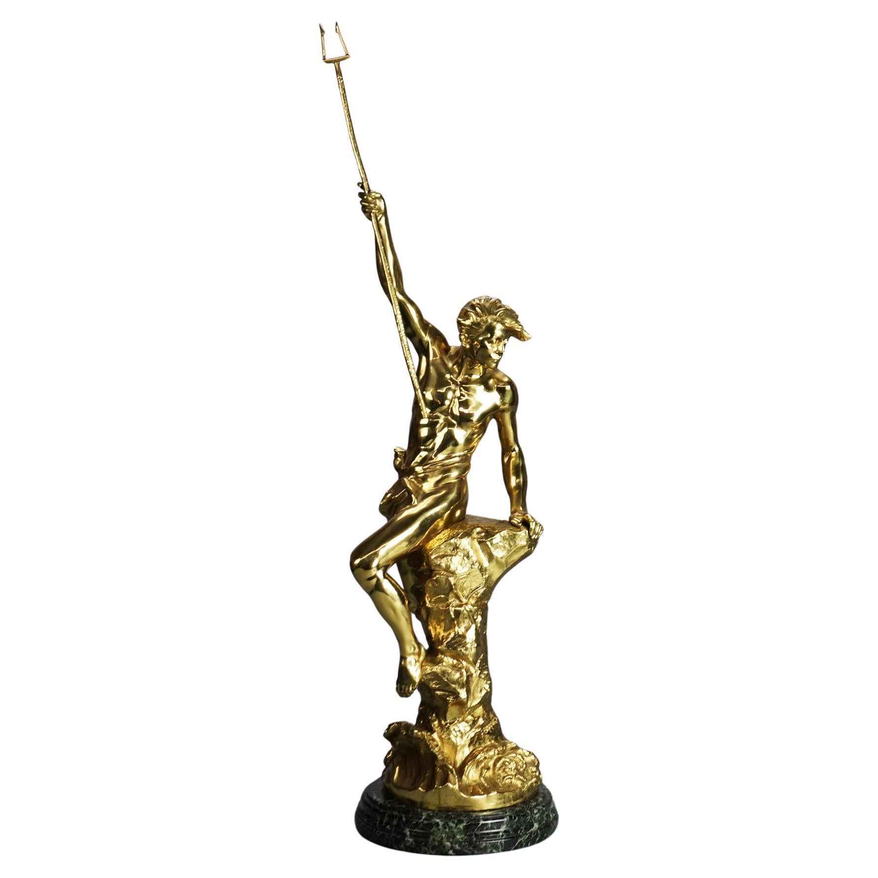 Ferrand Young Neptune Cast Bronze Gladiator on Marble Base C1890 For Sale