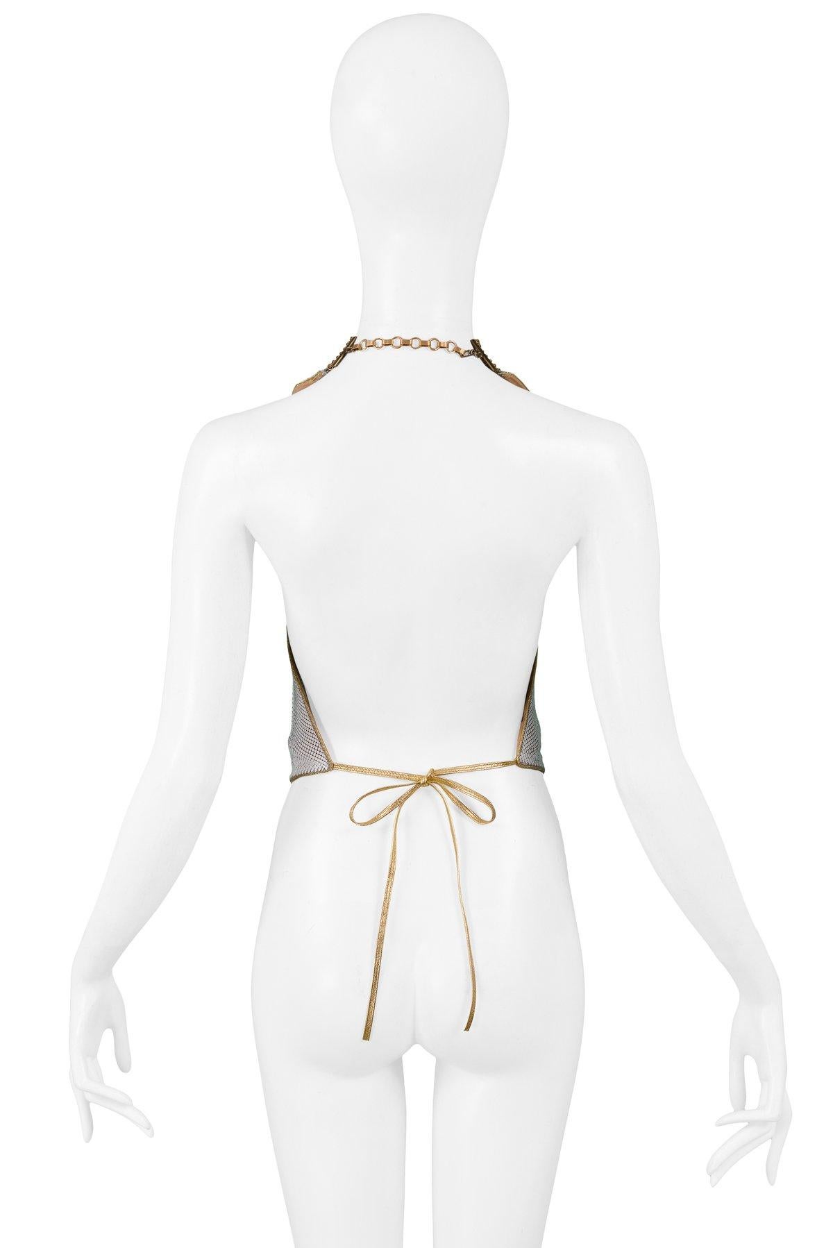 Ferrara Gold White & Bronze Chainmail Metal Cowl Neck Halter Top In Excellent Condition In Los Angeles, CA