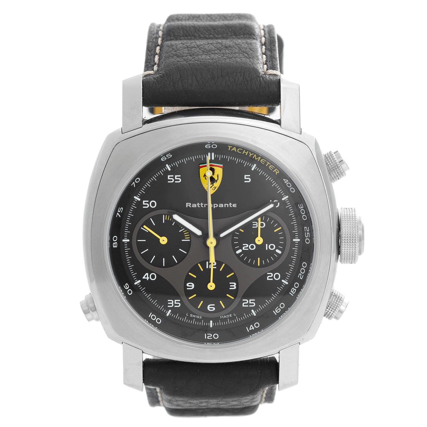 Ferrari by Panerai Rattrapante Chronograph Men's Watch FER00010 - Automatic. Stainless steel case ( 45 mm ). Black Dial with Luminescent Hands, White Arabic Numerals, Tachymeter Scale. Split Second Rattrapante Chronograph Functions, Subsidiary