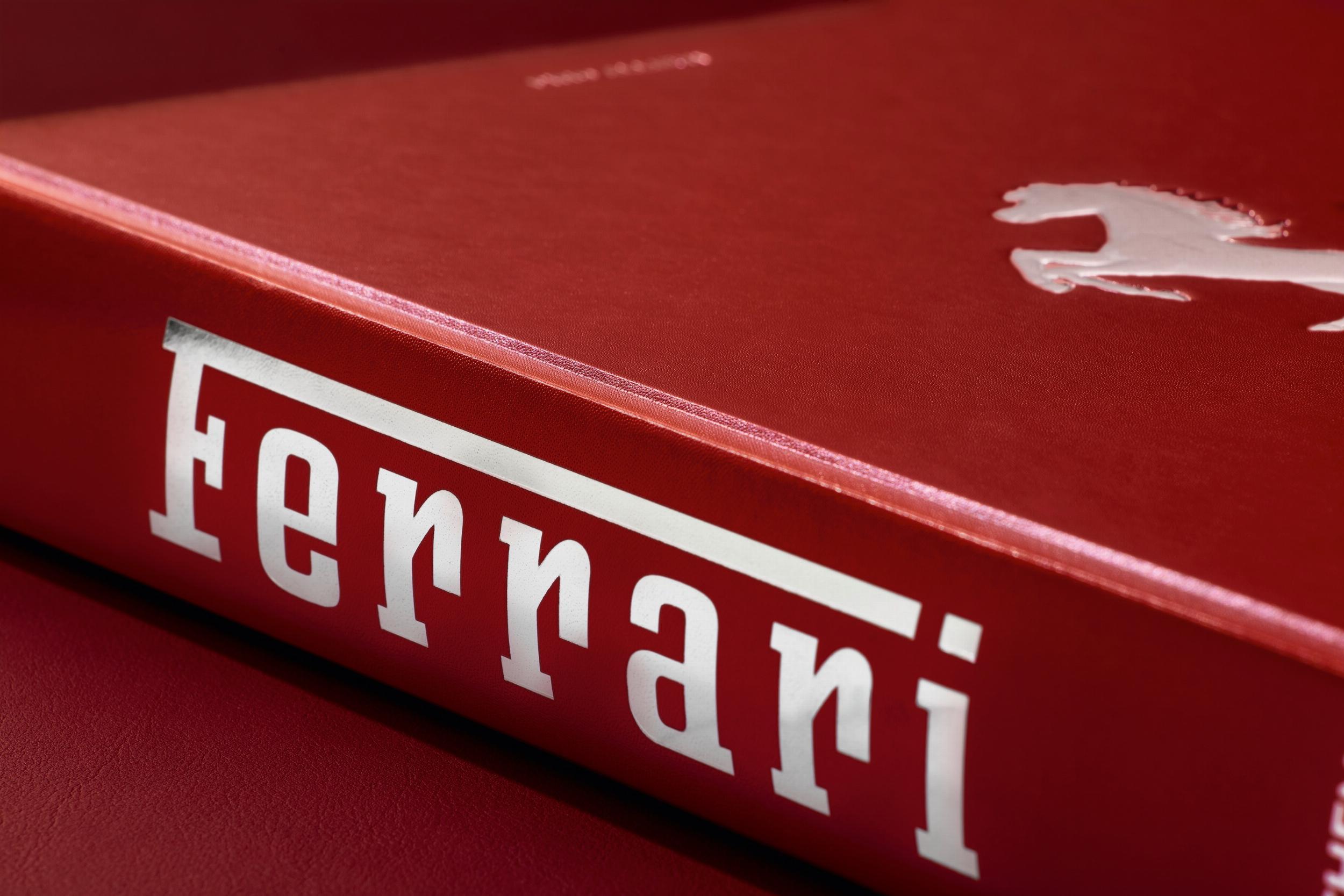 Embossed Ferrari by Pino Allievi. XL hardcover book with Leatherette binding. For Sale