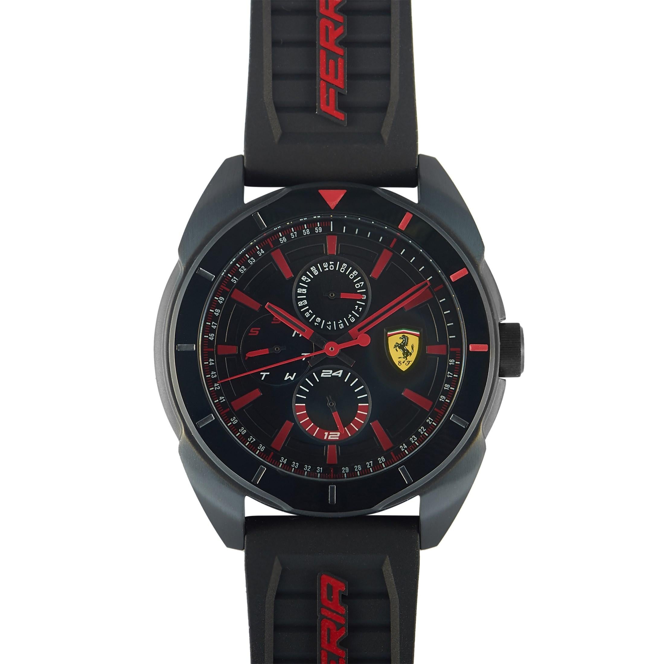 The Ferrari Forza watch, reference number 830547, is presented with a black ion-plated stainless steel case that is water-resistant to 30 meters. The case measures 44 mm in diameter and is mounted onto a black silicone strap, secured on the wrist