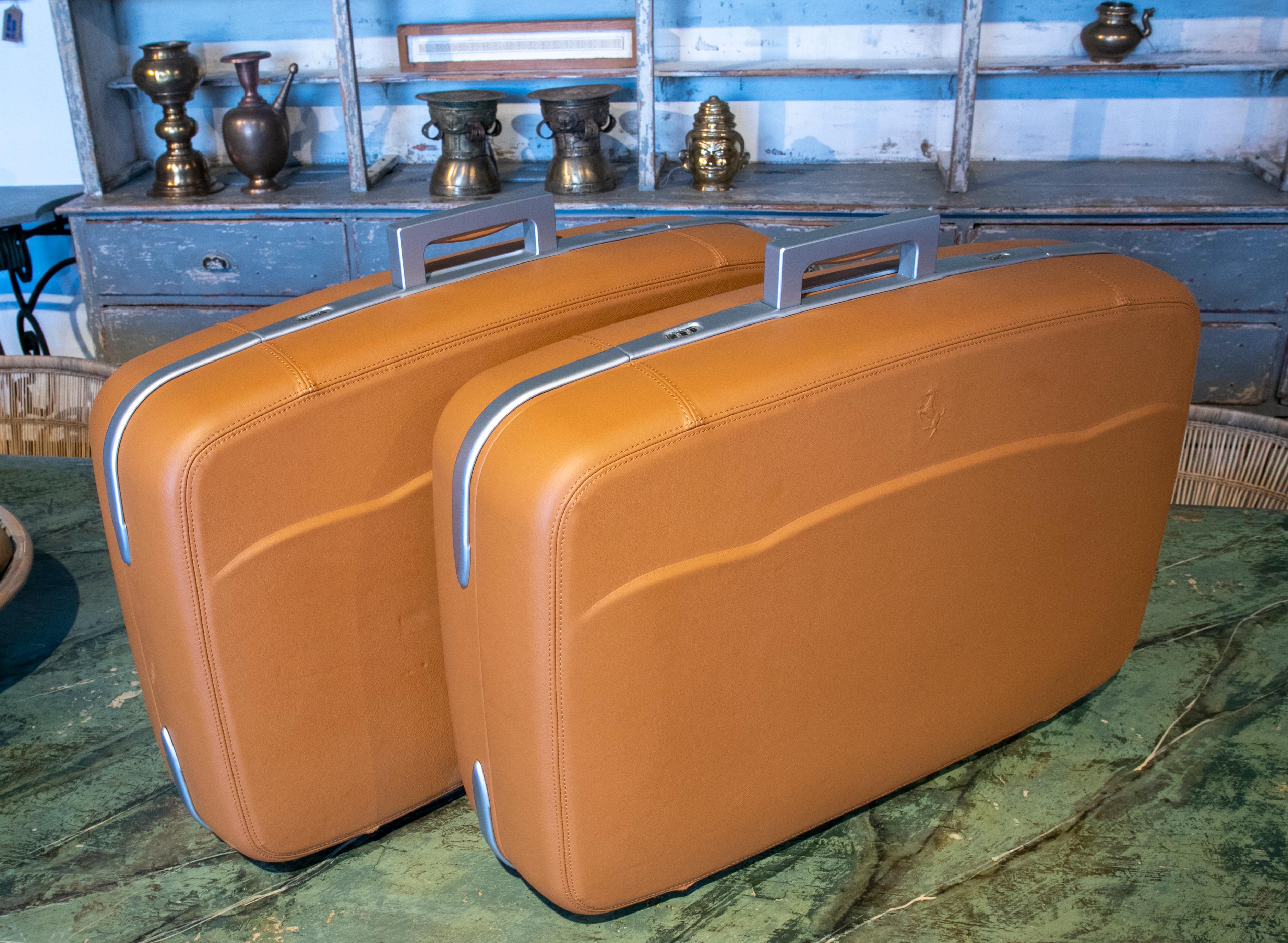 Italian Ferrari Suitcase Set Manufactured by Schedoni in Tan Leather and Aluminium