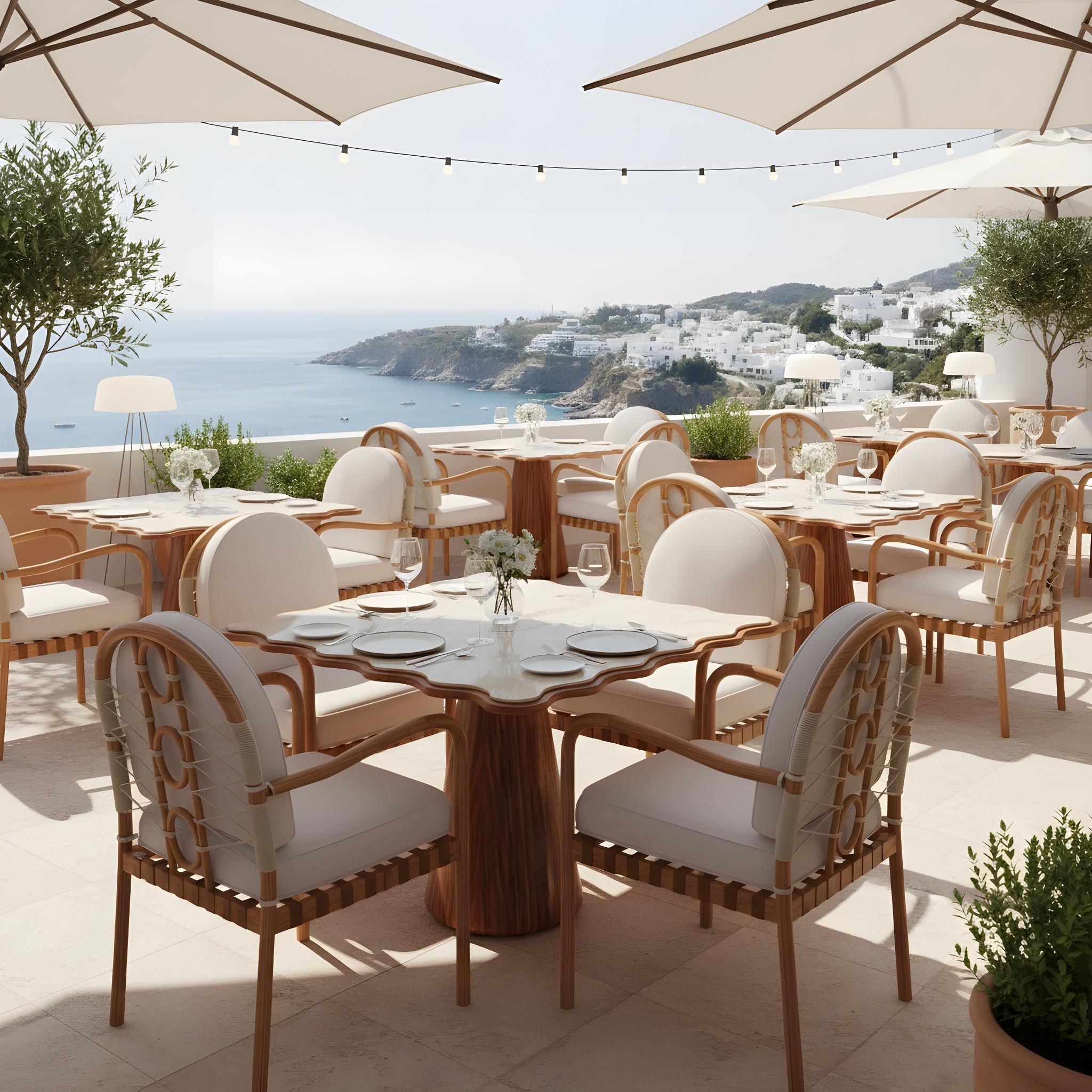 Der Ferrat Dining Chair, der in Zusammenarbeit mit Mediterrazza entstanden ist, ist ein Fest der Handwerkskunst und der mediterranen Eleganz. Handgefertigt aus robustem Iroko-Holz für den dauerhaften Einsatz im Freien, bringt er Wärme und Charakter