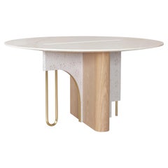 Ferreirinha 6-Seat Round Dining Table Calacatta Marble Brushed Brass Oak Leather