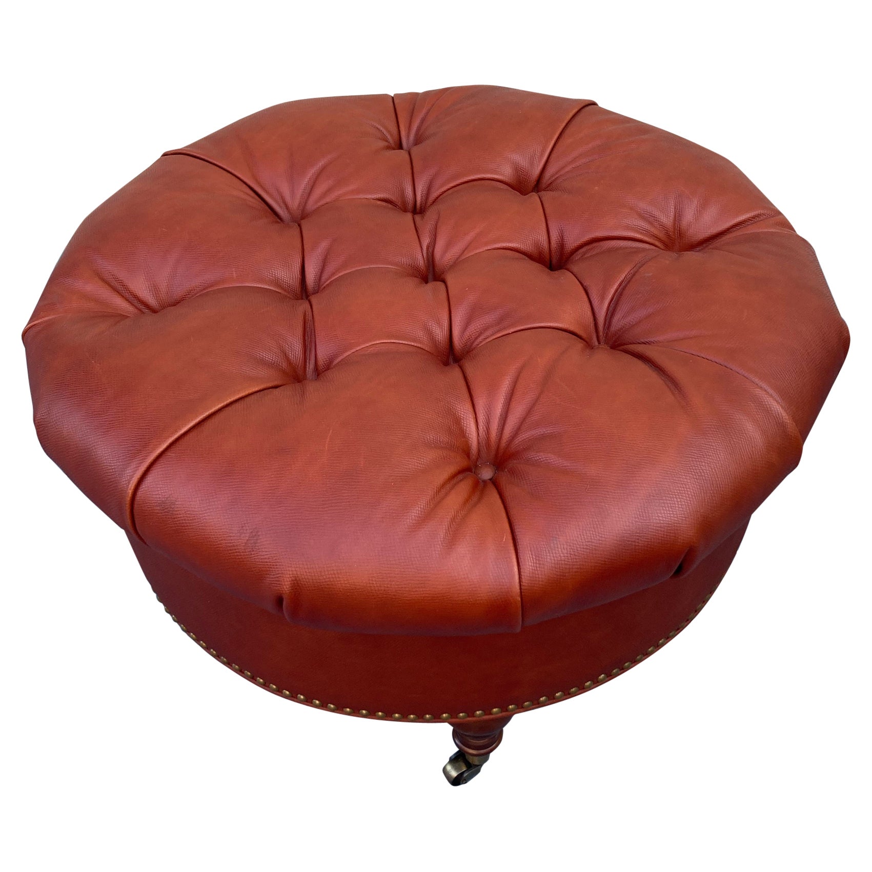 Ferrell Mittman Pumpkin Red Tufted Leather Round Ottoman Coffee Table en vente