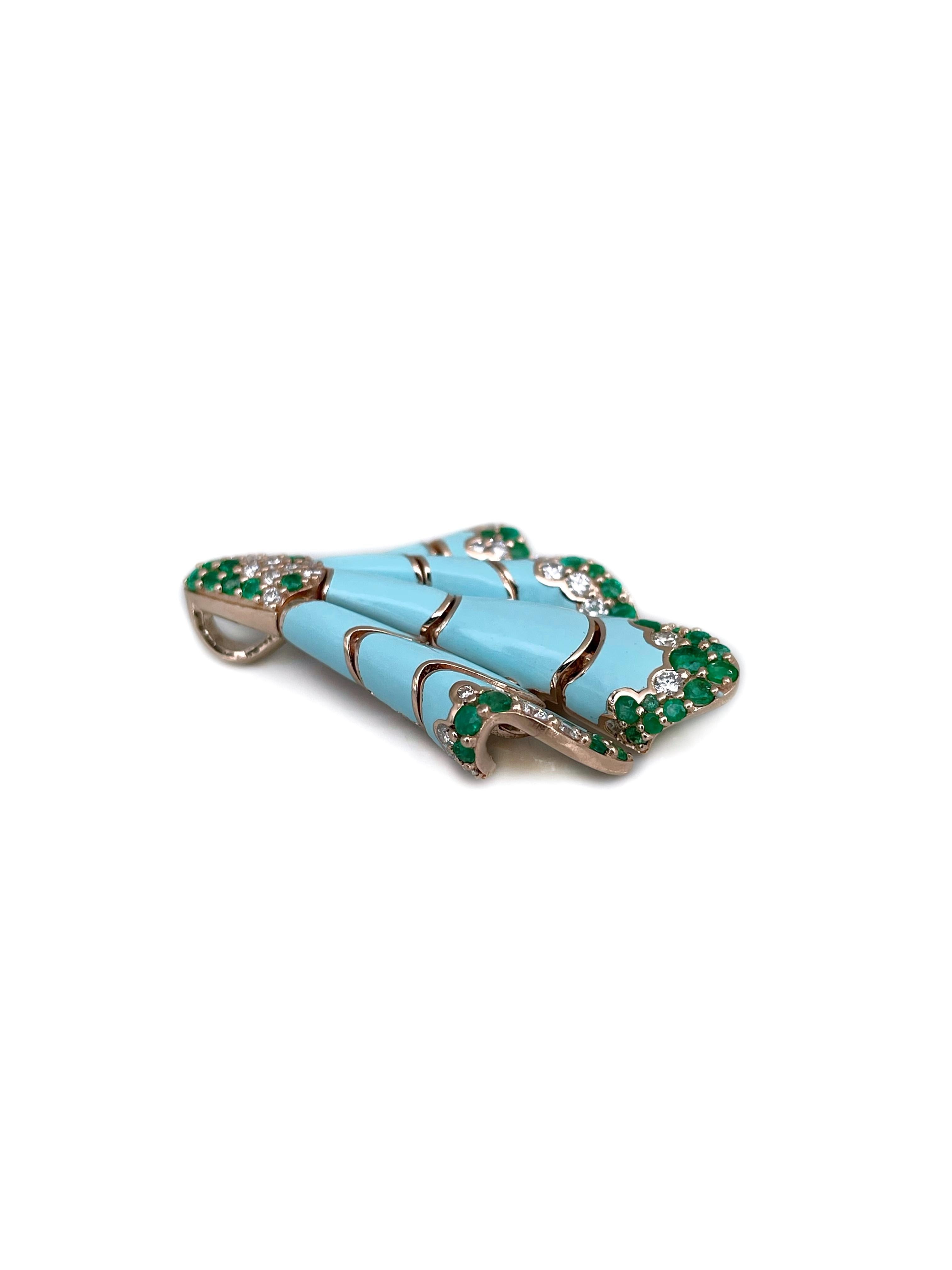 Taille ronde Ferri Firenze Pendentif Foulard en or 18 carats, émeraude, diamant et émail en vente