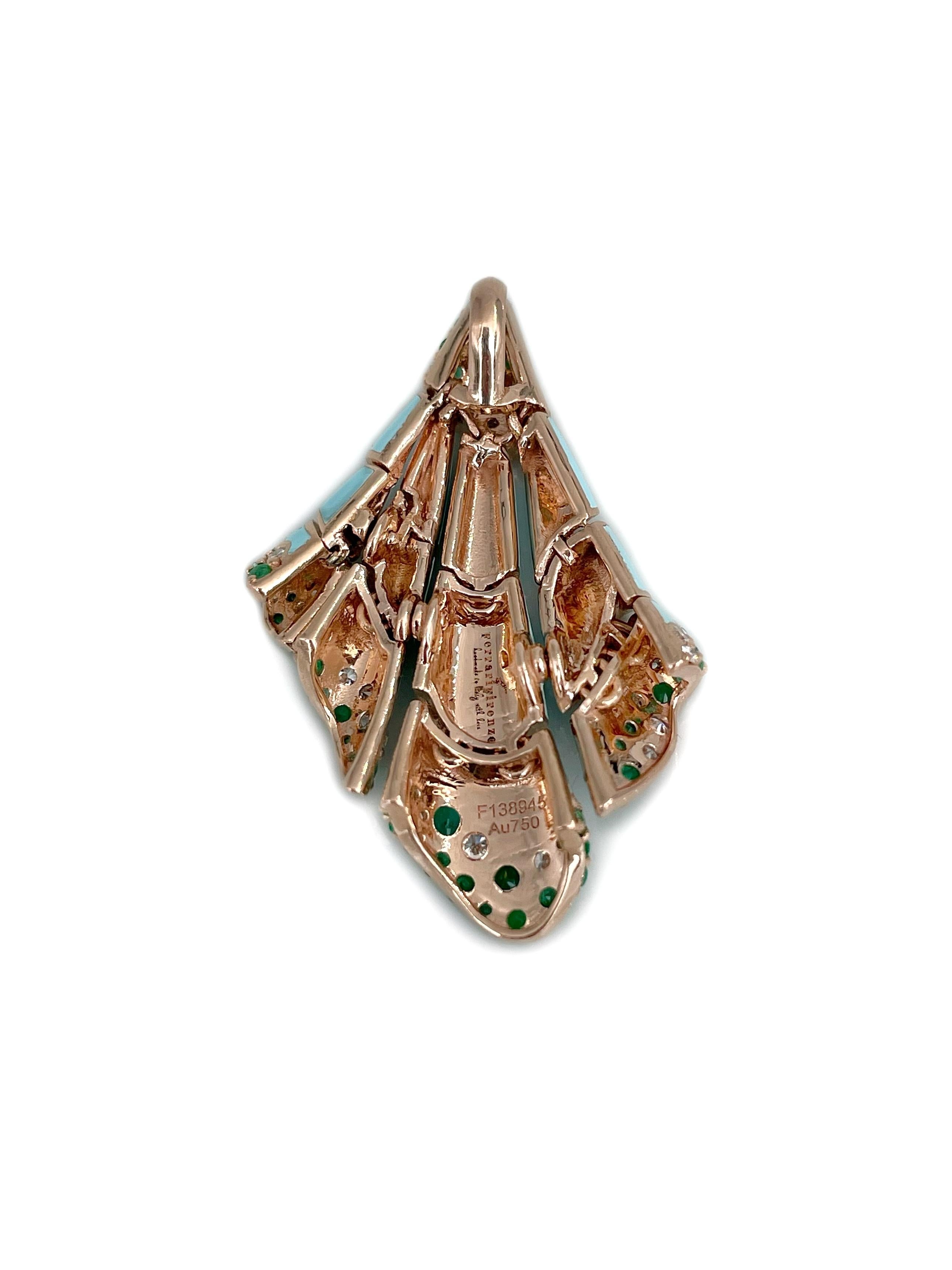 Ferri Firenze Pendentif Foulard en or 18 carats, émeraude, diamant et émail Bon état - En vente à Vilnius, Vilniaus apskr.