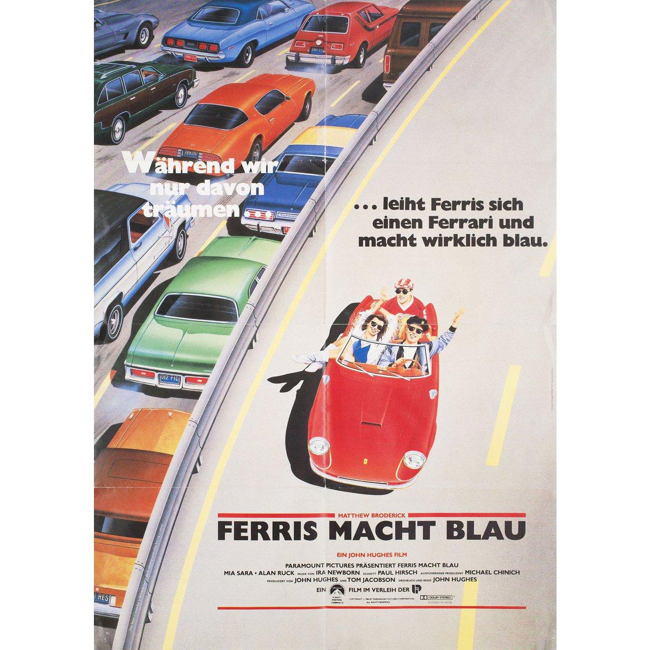 Original 1986 German A1 poster for the film Ferris Bueller's Day Off directed by John Hughes with Matthew Broderick / Alan Ruck / Mia Sara / Jeffrey Jones. Very Good-Fine condition, folded with pinholes. Many original posters were issued folded or