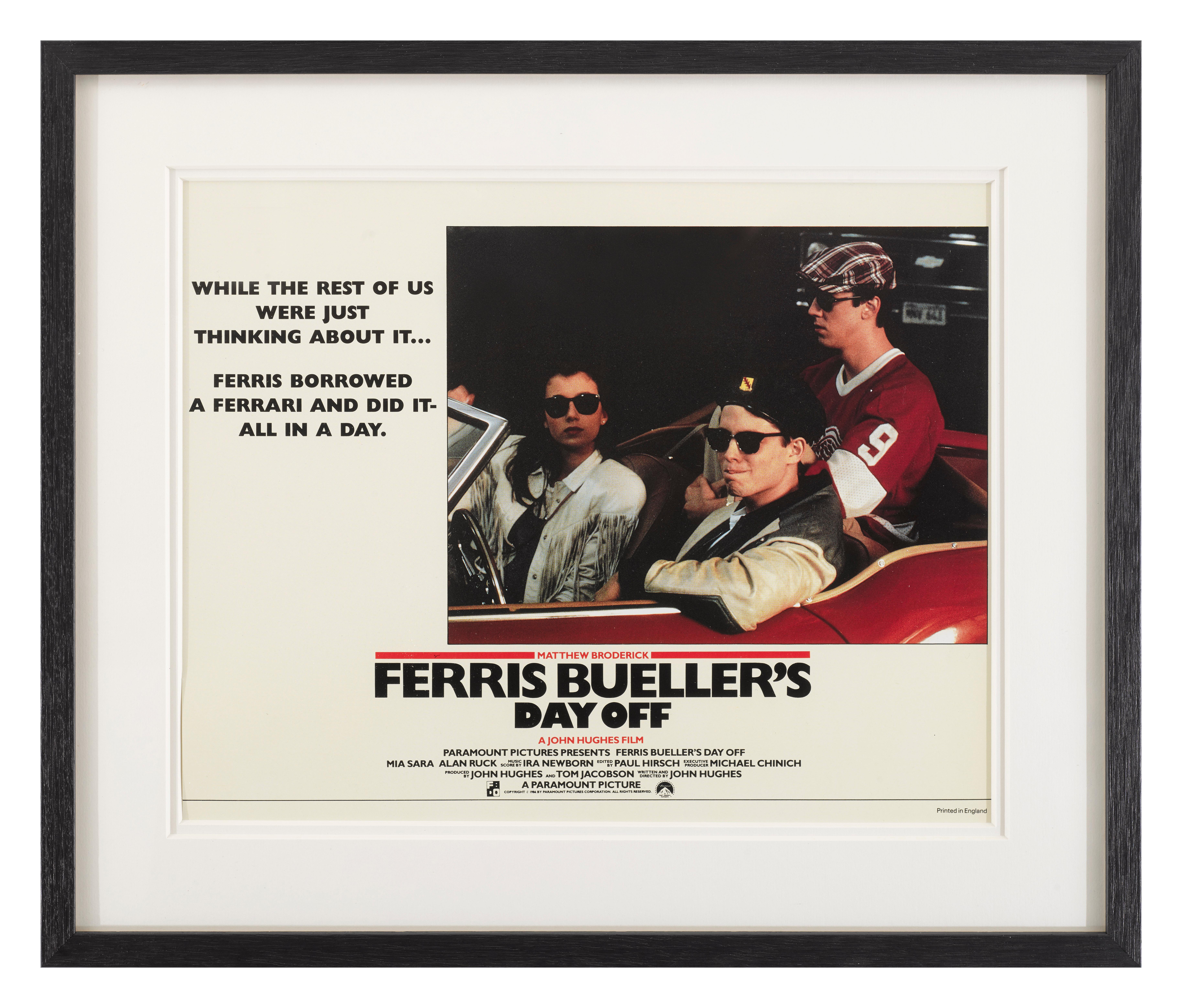 Original British lobby card for the wonderful 1986 comedy staring
Matthew Broderick, Alan Ruck, Mia Sara. This 80s film has become a true cult classic teen coming-of-age film.
This piece is conservation framed with UV plexiglass in an Obeche wood