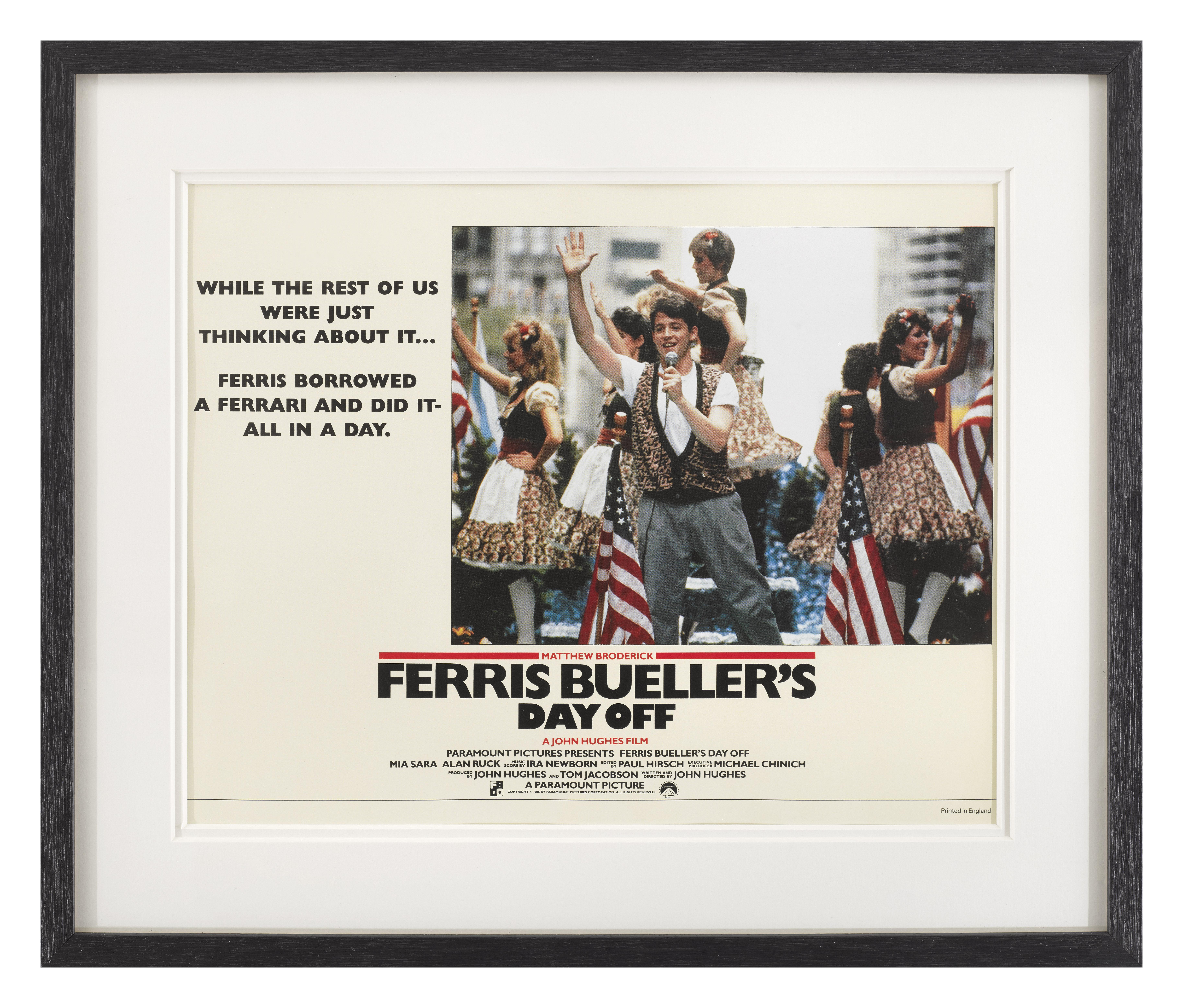 Original British Lobby card for the wonderful 1986 comedy staring
Matthew Broderick, Alan Ruck, Mia Sara. This Lobby card shows the scene of Ferris singing at the parade.