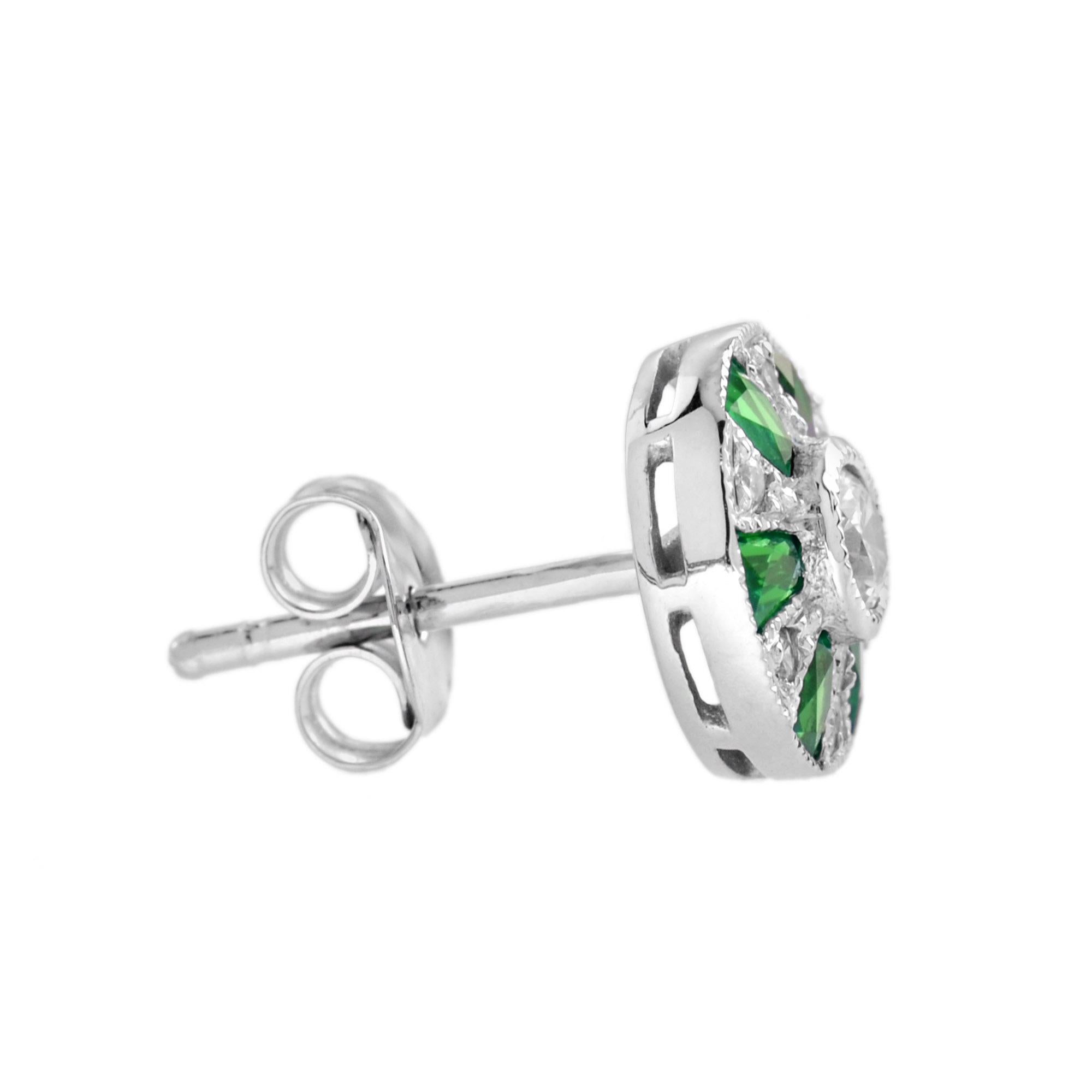 Round Cut Ferris Wheel Diamond and French Cut Emerald Art Deco Style Earrings in 14K Gold For Sale