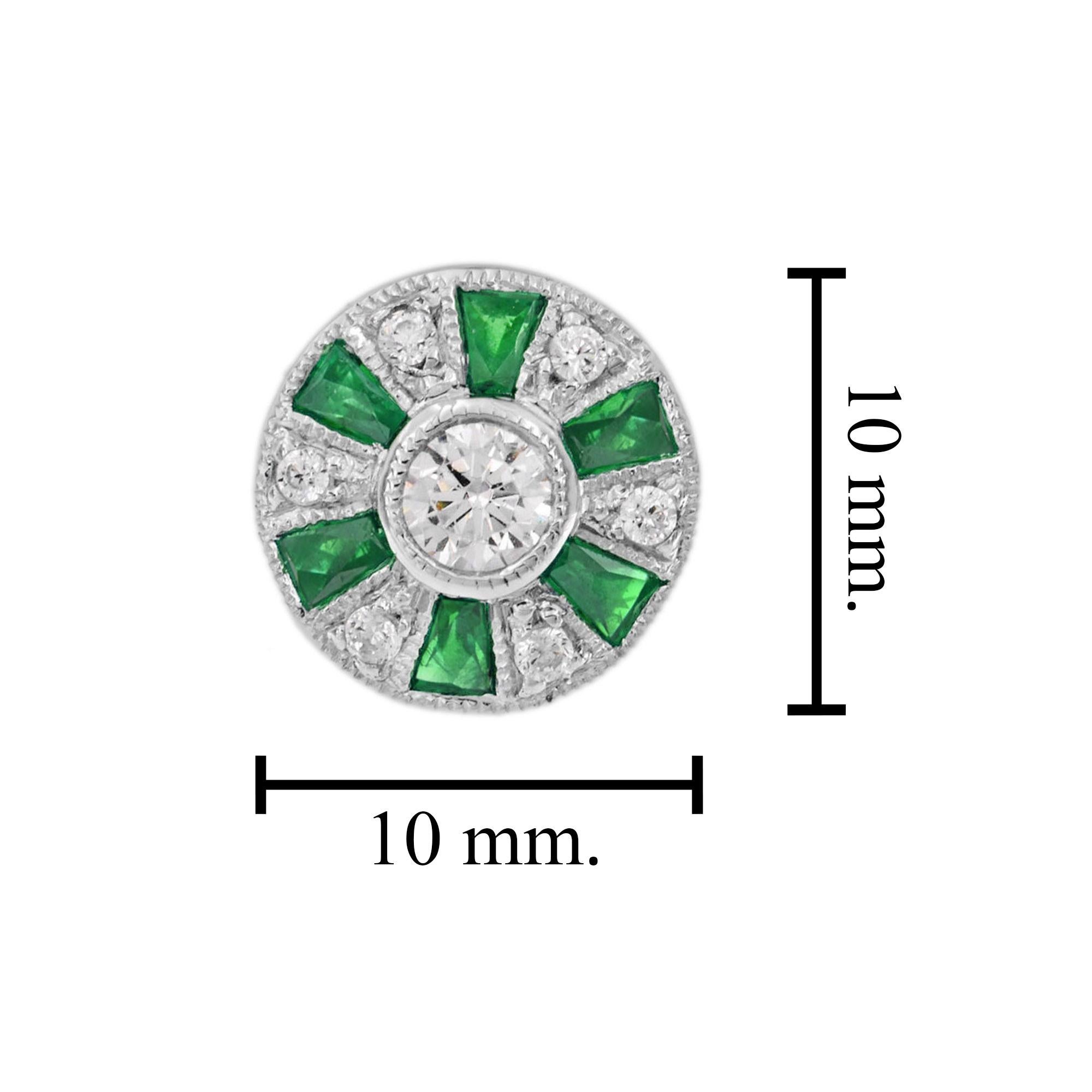 Taille ronde Boucles d'oreilles or blanc Ferris Wheel Diamond French Cut Emerald Art Deco Style Stud en vente