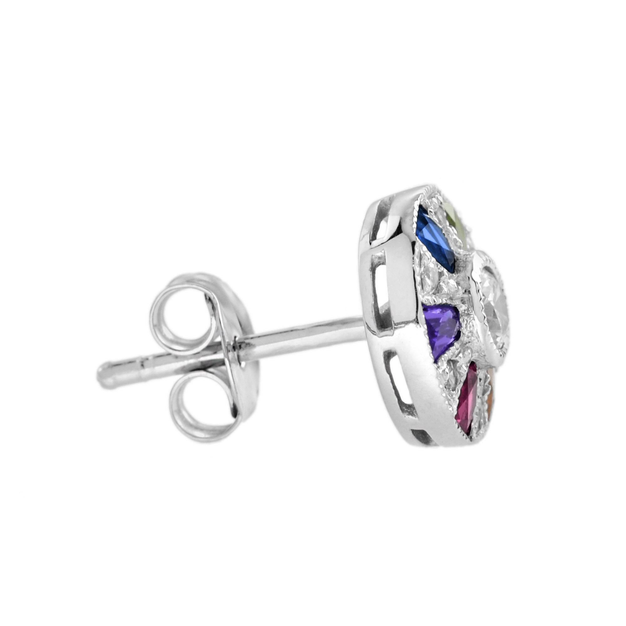 Art Deco Ferris Wheel Diamond Rainbow Sapphire Stud Earrings in 14K White Gold For Sale