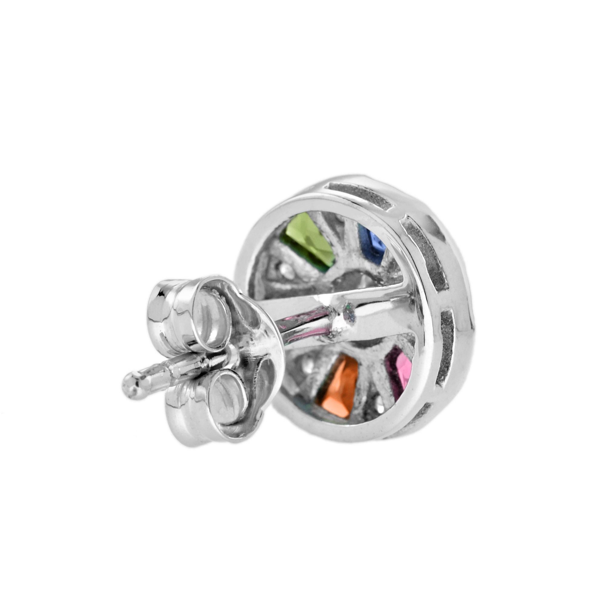 Round Cut Ferris Wheel Diamond Rainbow Sapphire Stud Earrings in 14K White Gold For Sale