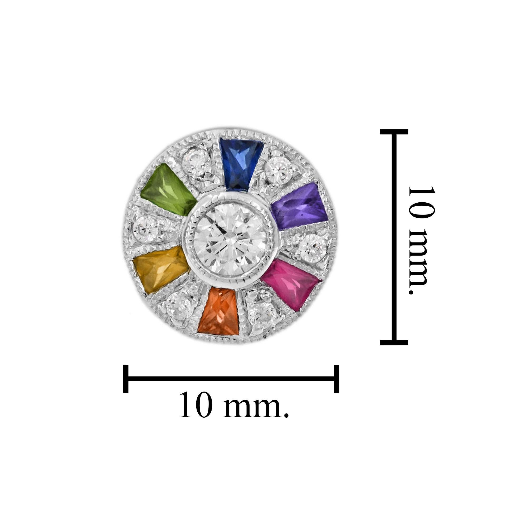 Ferris Wheel Diamond Rainbow Sapphire Stud Earrings in 14K White Gold In New Condition For Sale In Bangkok, TH