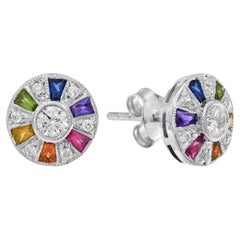 Ferris Wheel Diamond Rainbow Sapphire Stud Earrings in 14K White Gold