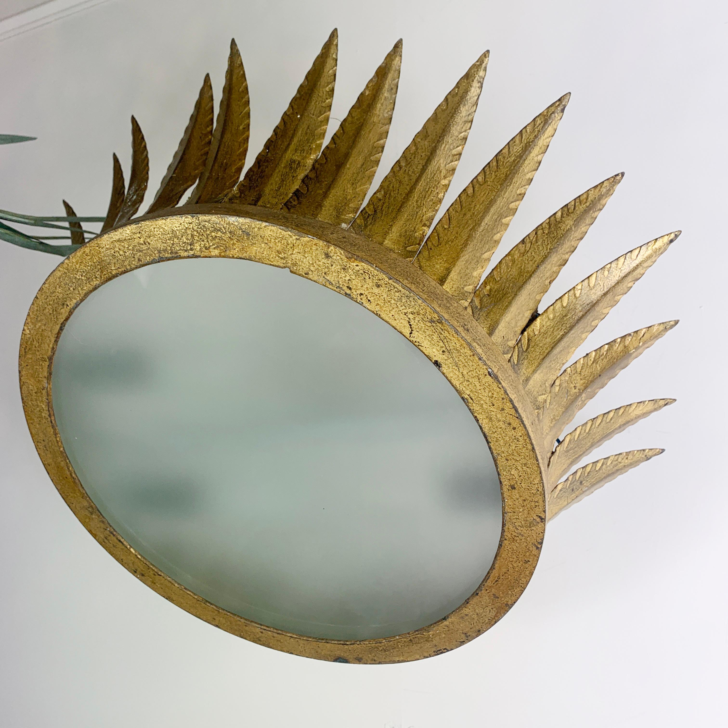 Mid-20th Century Ferro Art Gilt Crown Ceiling Flush Light 1950's