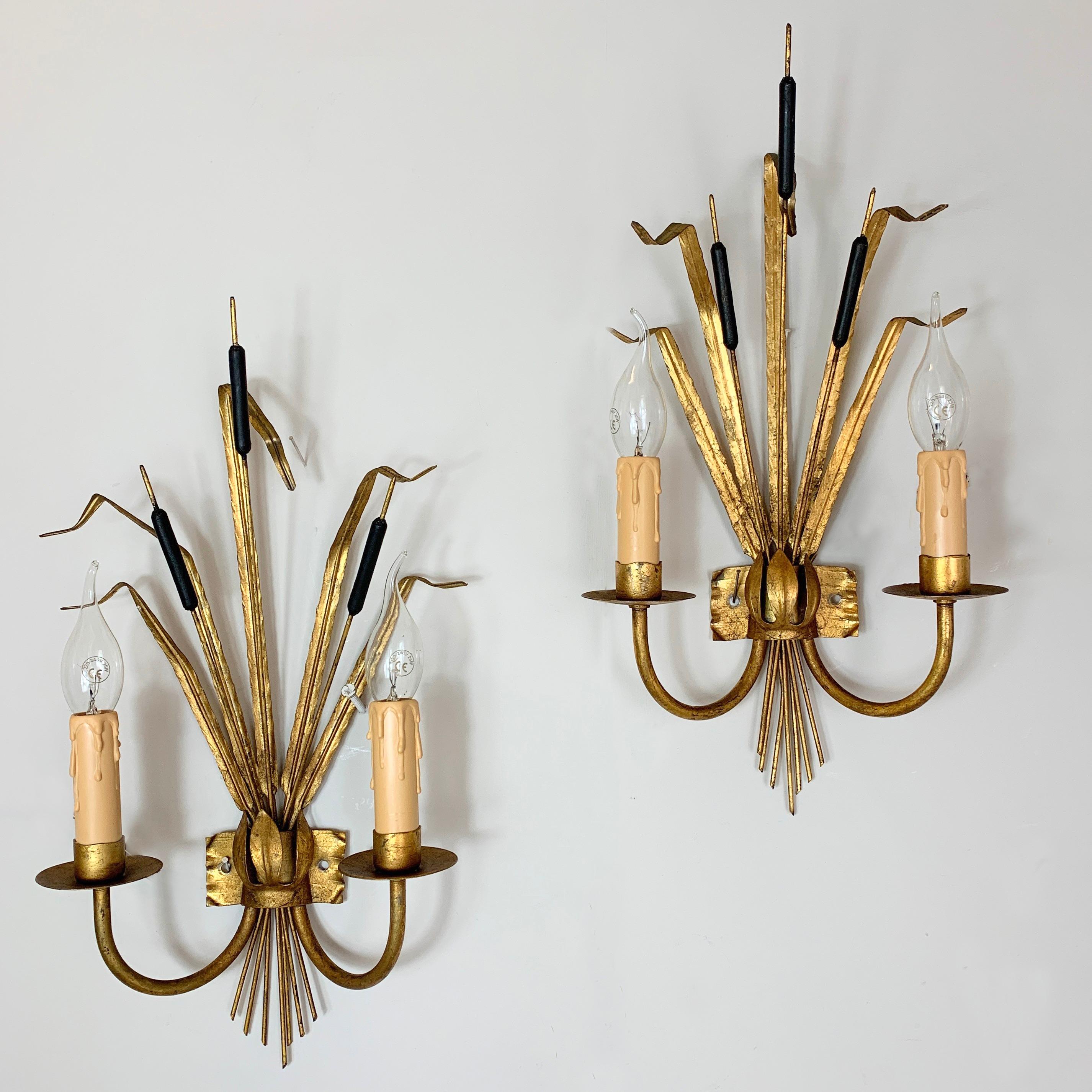 Pair Of Gilt Bulrush Wall Lights 1970's 
These Lamps Are Attributed To 'Ferro Art' / 'Ferro Colour' 
Spain  C 1970's 
PAT Tested 

48cm Height, 25cm Width, 12cm Depth 

Price Is For The Pair, 2 Lights. 1 Pair Available  
