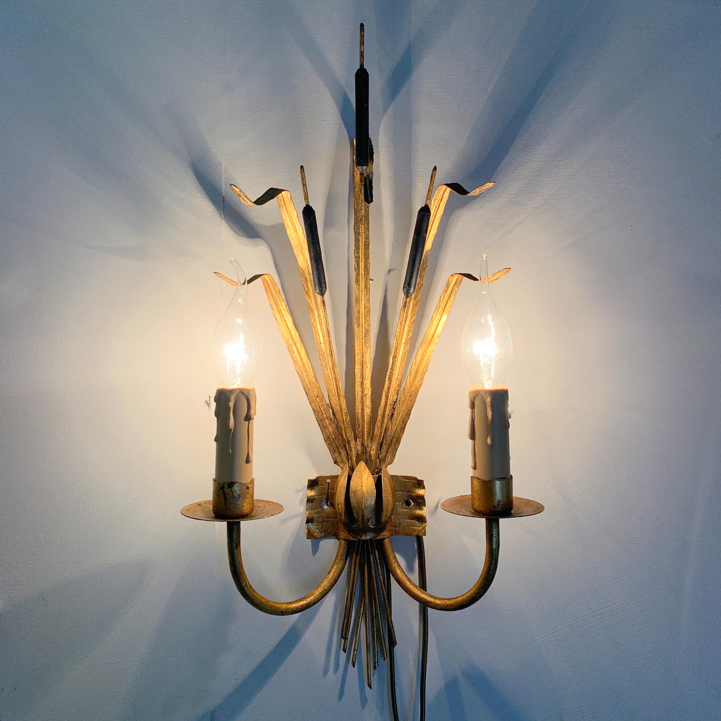 Mid-Century Modern Ferro Art Gold Bulrush Wall Lights, 1970’s For Sale