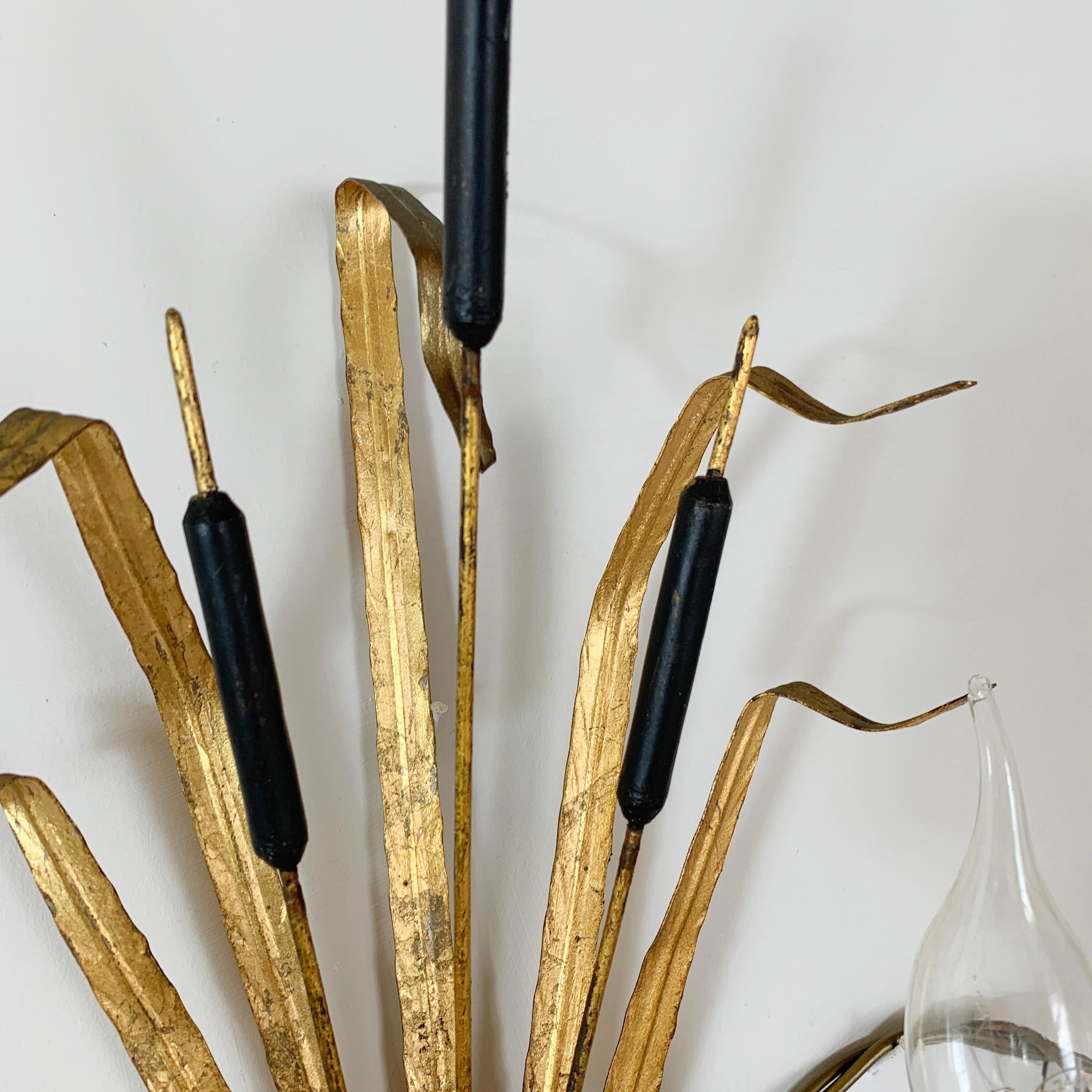 Spanish Ferro Art Gold Bulrush Wall Lights, 1970’s For Sale