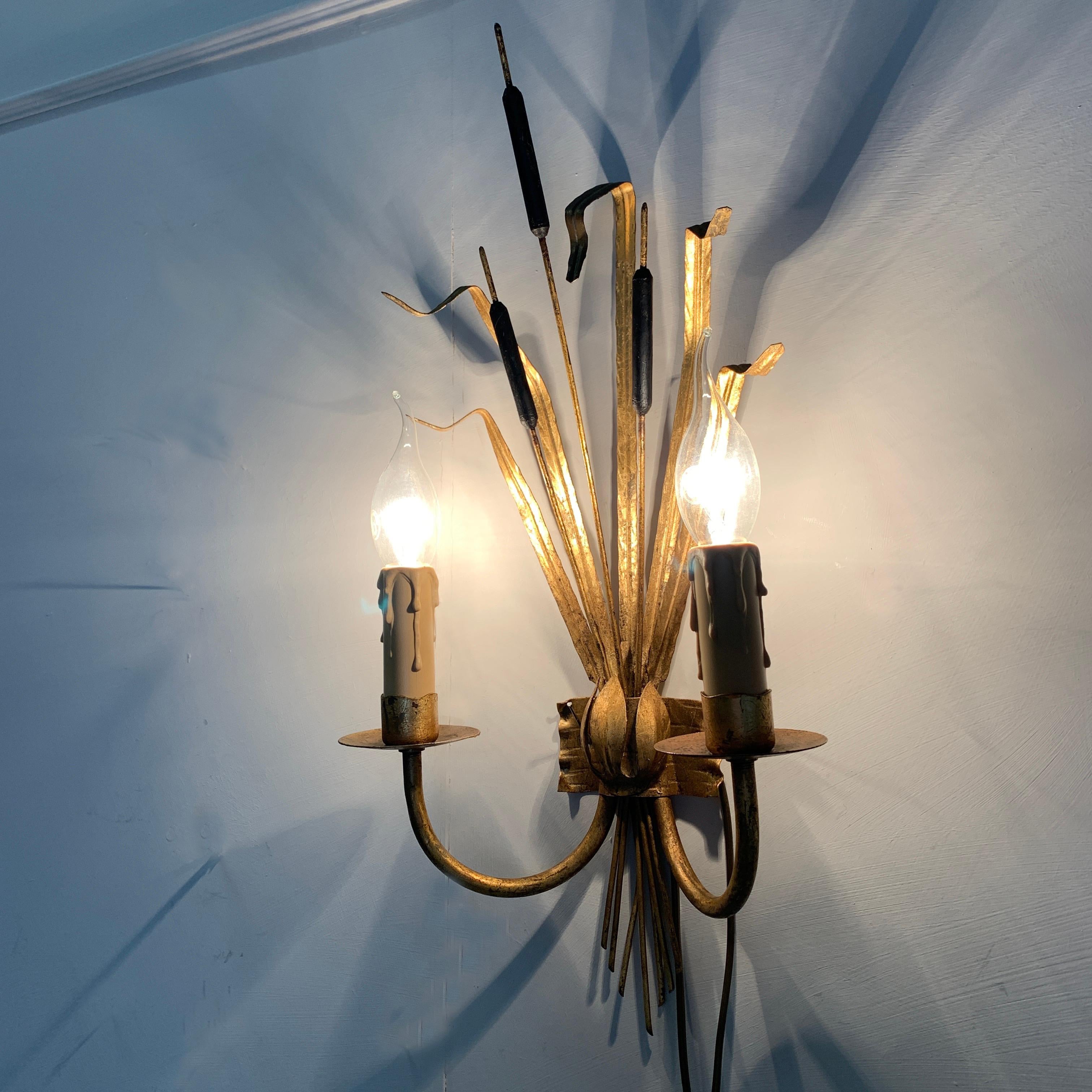 Gilt Ferro Art Gold Bulrush Wall Lights, 1970’s For Sale