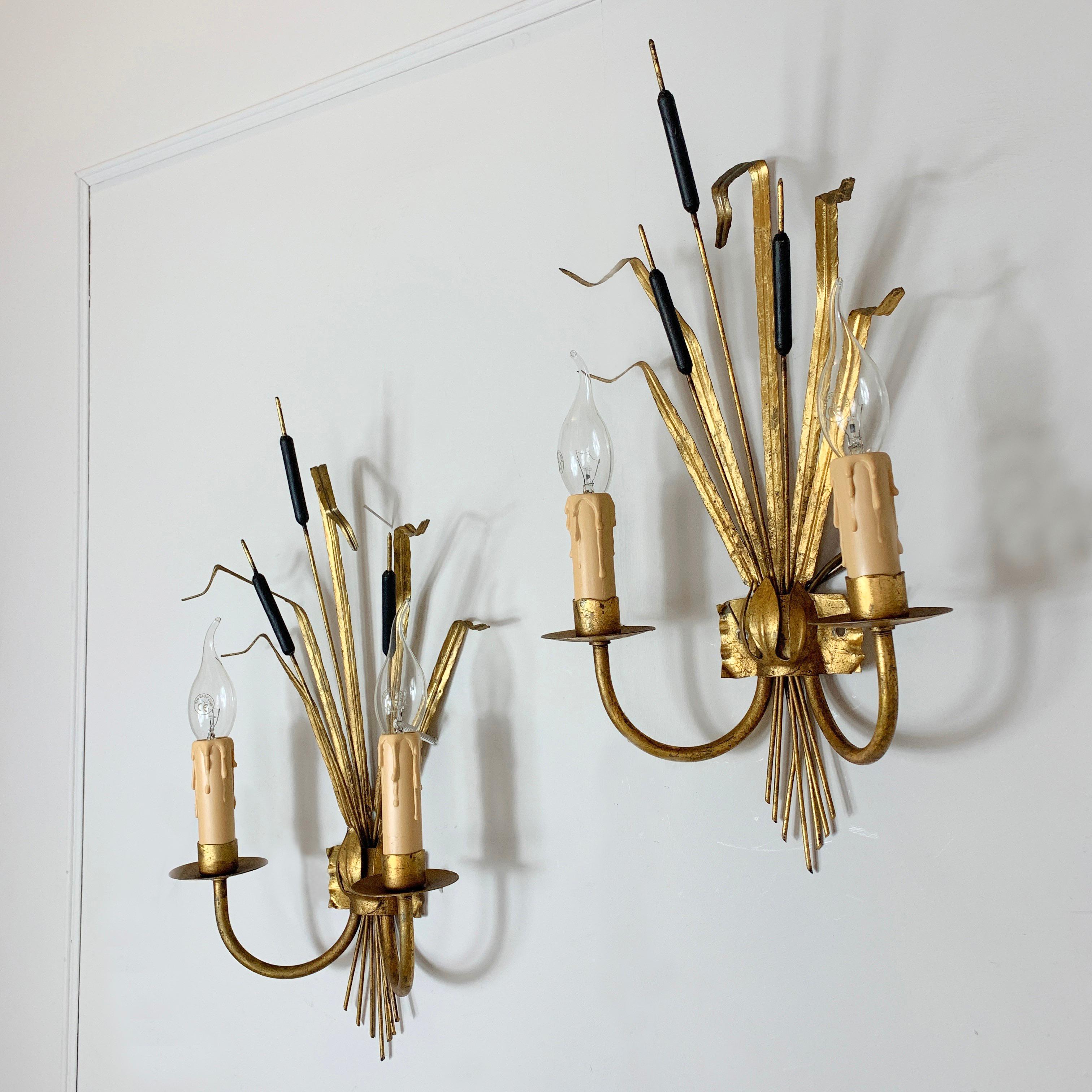 20th Century Ferro Art Gold Bulrush Wall Lights, 1970’s For Sale