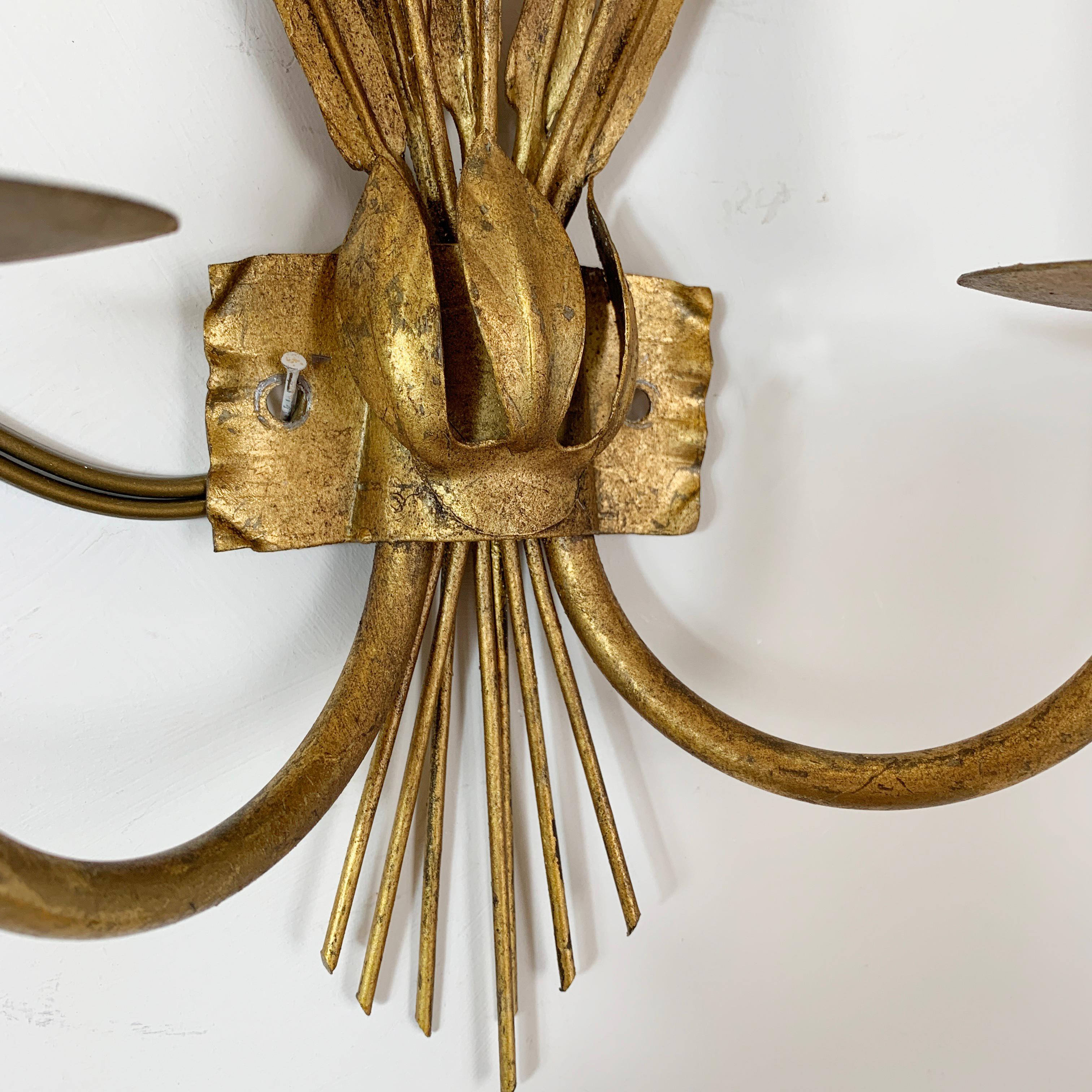 Metal Ferro Art Gold Bulrush Wall Lights, 1970’s For Sale