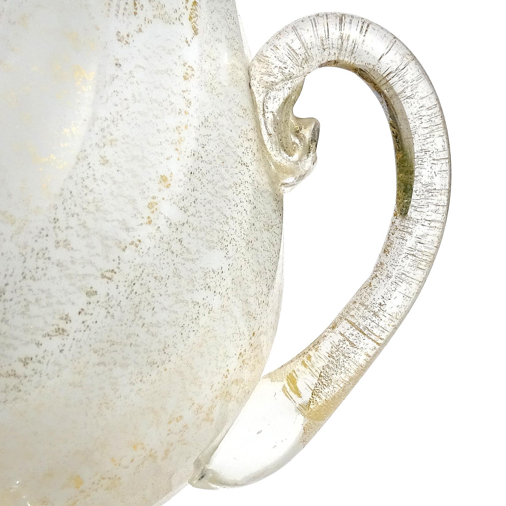 Hand-Crafted Ferro Toso Barovier Murano White Gold Flecks Italian Art Deco Glass Flower Vases For Sale