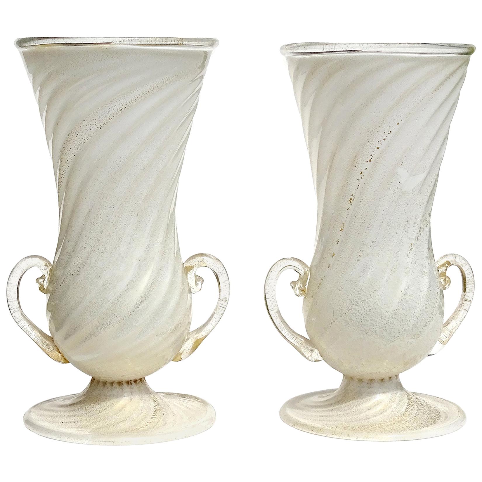 Ferro Toso Barovier Murano White Gold Flecks Italian Art Deco Glass Flower Vases For Sale