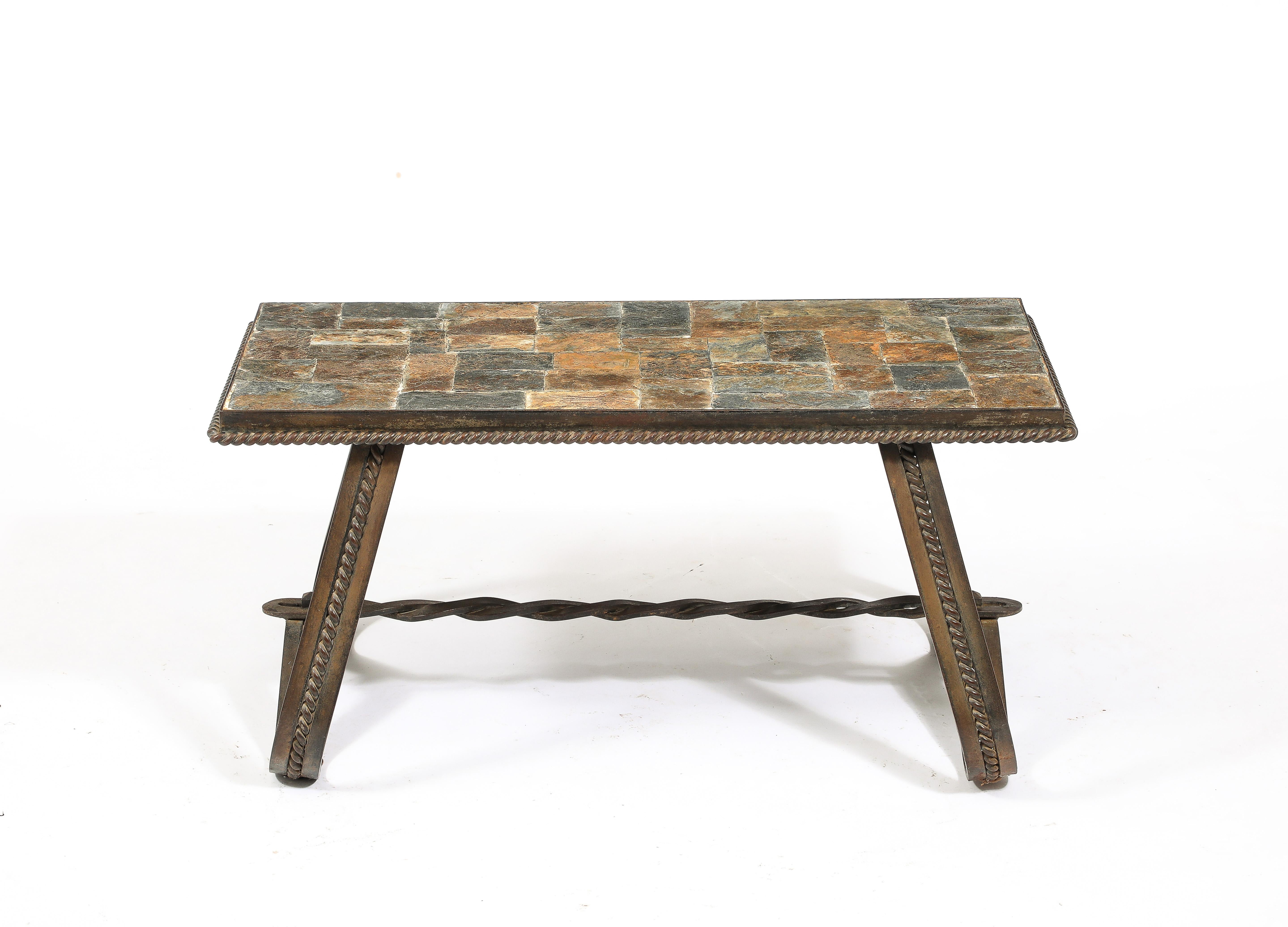 Table basse Ferronnerie et mosaïque d'ardoise ardoise - France années 1970 6