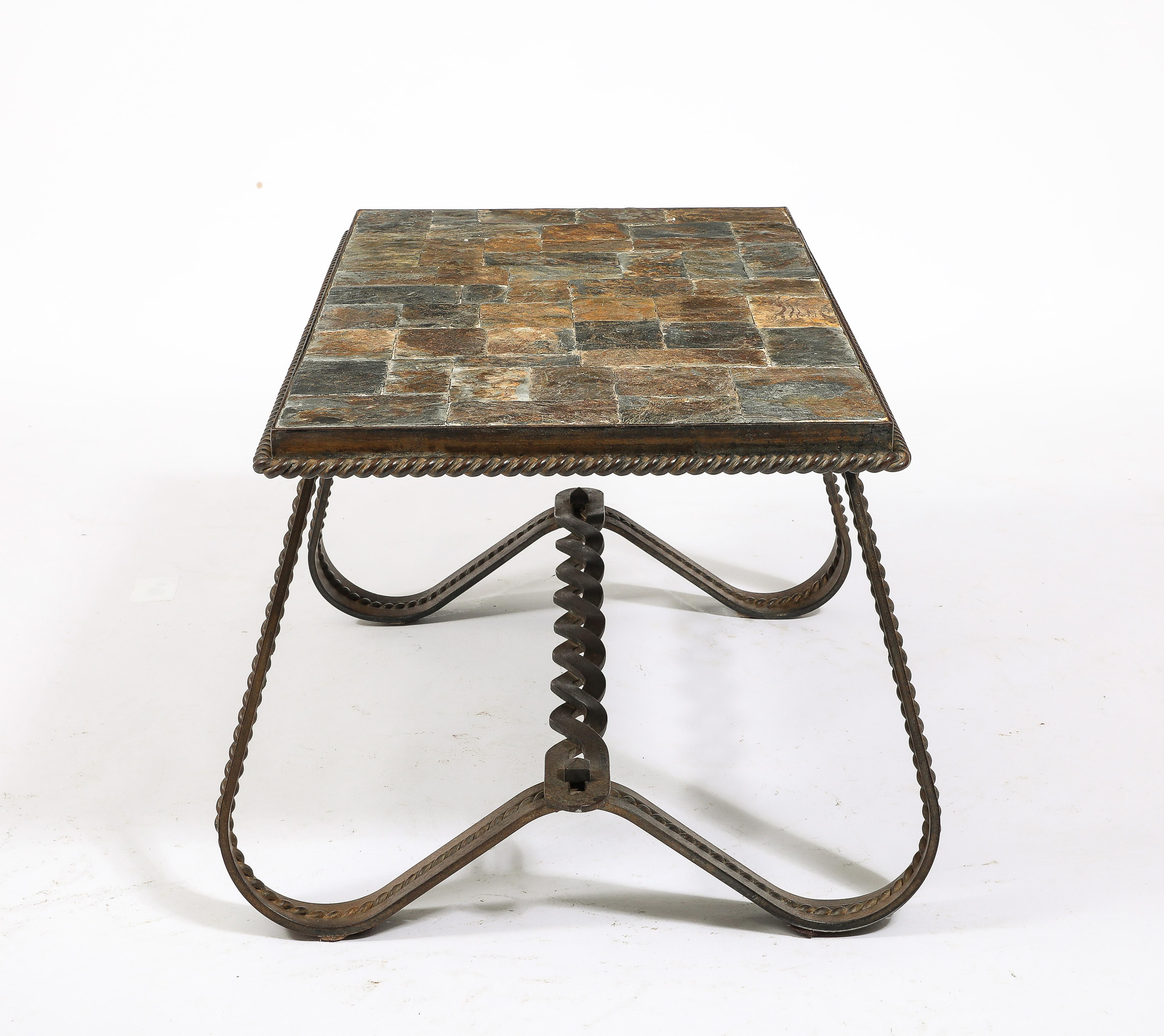 Table basse Ferronnerie et mosaïque d'ardoise ardoise - France années 1970 2