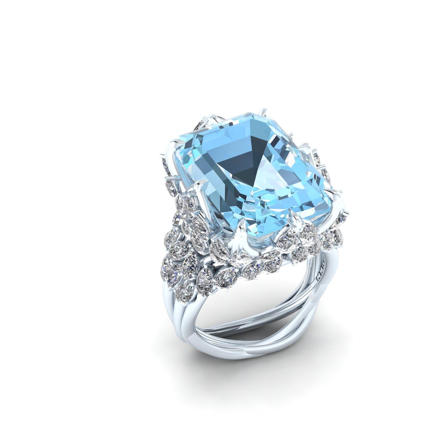 Emerald Cut Ferrucci 17.40 Carat Emerald Aquamarine Diamonds in 18k White Gold Diamond Ring