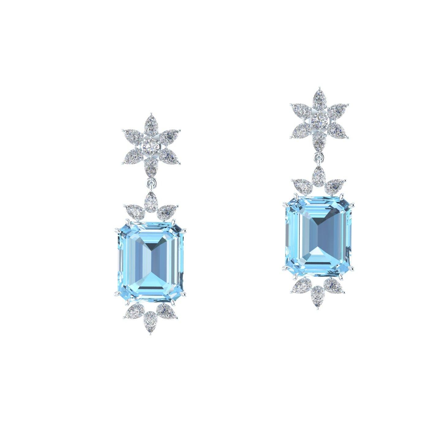 19.5 Carats Emerald cut Aquamarine and Pear Cut Diamonds in 18k white gold Earrings, diamonds F/G color, VS clarity bright white, for an approximate total carat weight of 3 carats, dangling earrings
Push back self locking.   Complimentary Screw back
