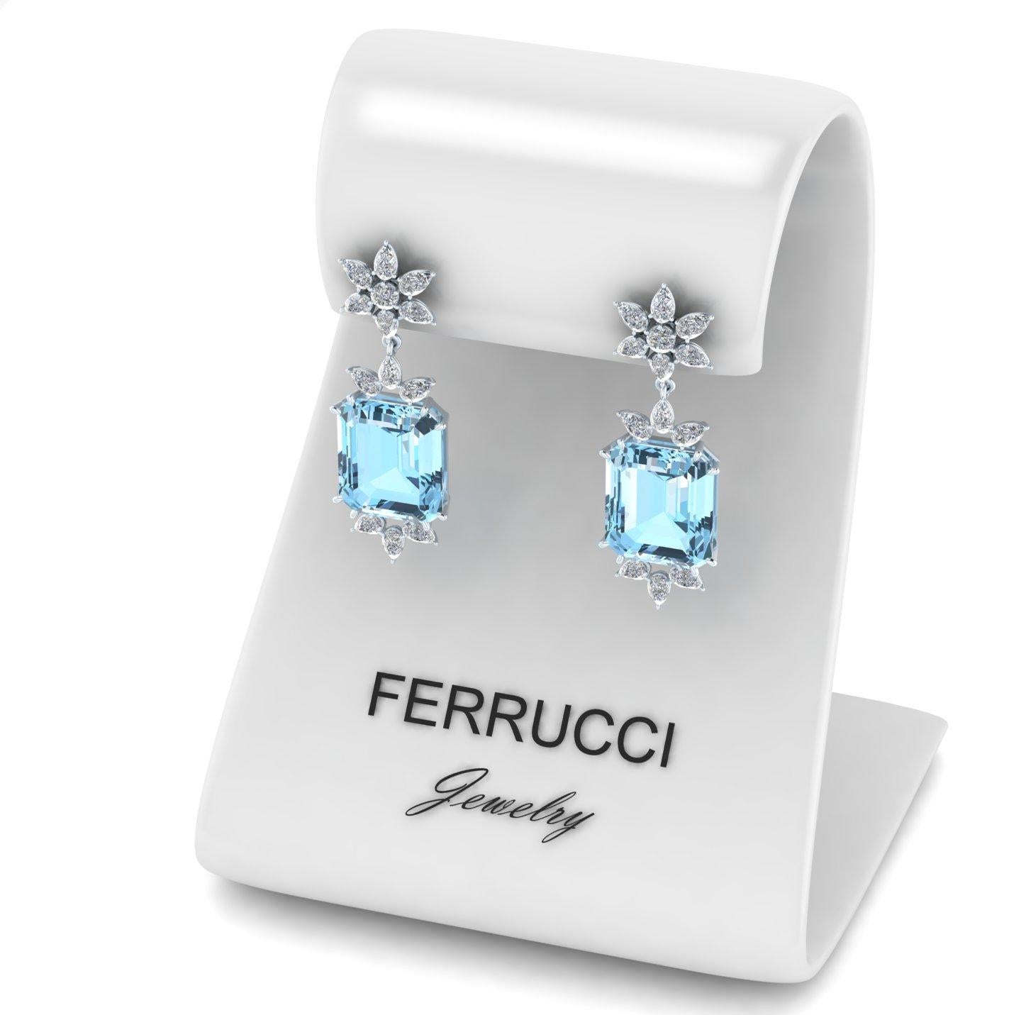 Pear Cut Ferrucci 19.5 Carats Emerald Cut Aquamarine and Drop Diamonds 18k Gold Earrings For Sale