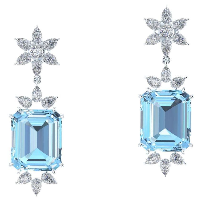 Ferrucci 19.5 Carats Emerald Cut Aquamarine and Drop Diamonds 18k Gold Earrings