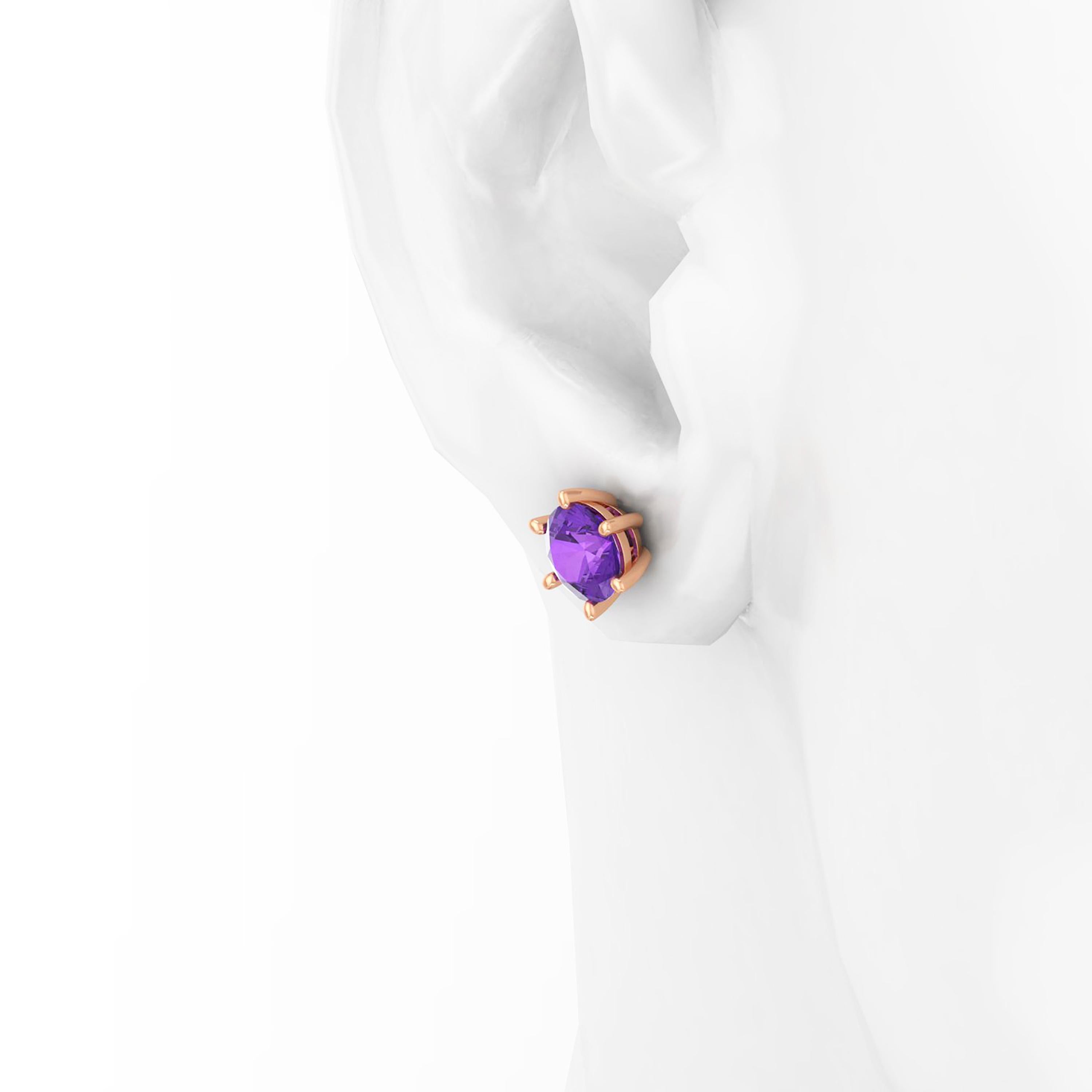 Round Cut Ferrucci 2 Carat Amethyst Ear-Studs in 18 Karat Rose Gold, Handmade in New York