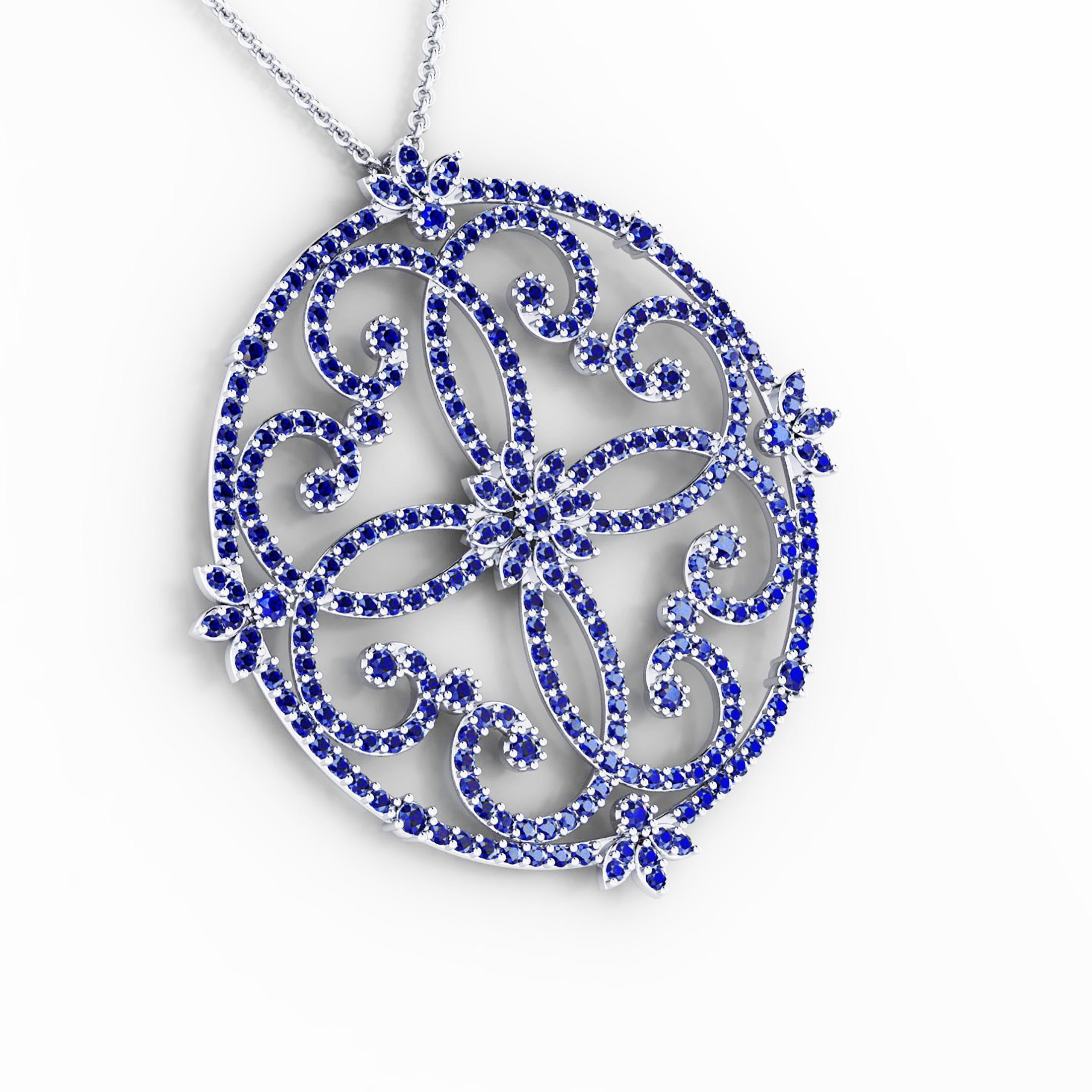 Round Cut 3 Carat Blue Sapphires Necklace Handmade in 18 Karat white Gold For Sale