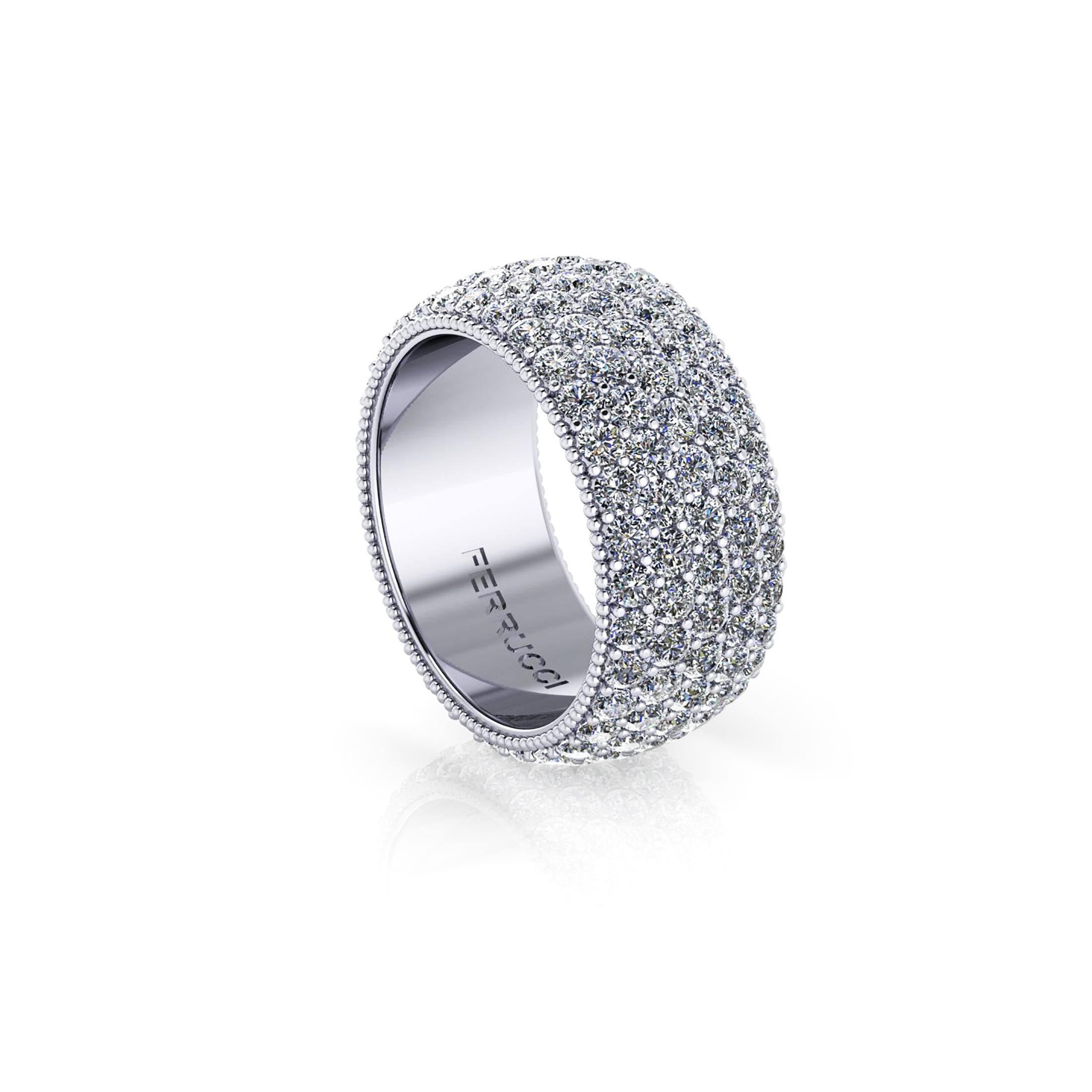 FERRUCCI Wide diamond pave' ring, with a slightly dome feeling, a wrap of sparkling white diamonds, E/F color, VS clarity, for an approximate total carat weight of 4.30 carats, hand made in New York City by hand by  Italian master jeweler, conceived