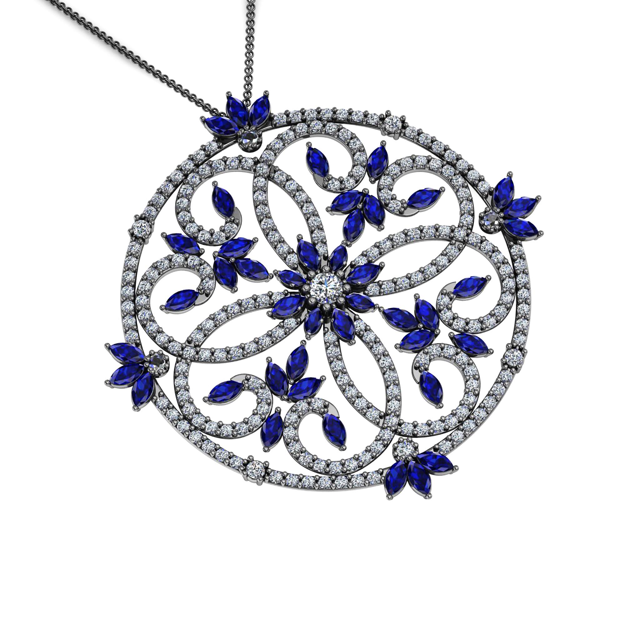 Victorian 4.95 Carats Blue Sapphires and Diamonds Necklace in 18 Karat black Gold For Sale