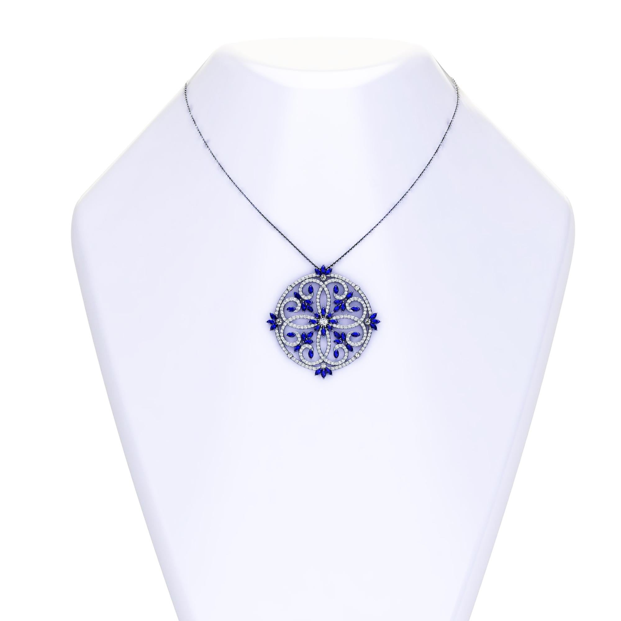 Round Cut 4.95 Carats Blue Sapphires and Diamonds Necklace in 18 Karat black Gold For Sale