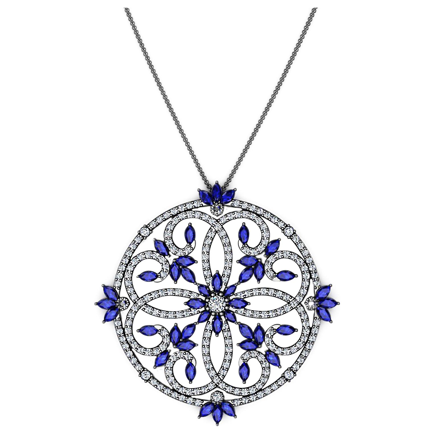 4.95 Carats Blue Sapphires and Diamonds Necklace in 18 Karat black Gold For Sale