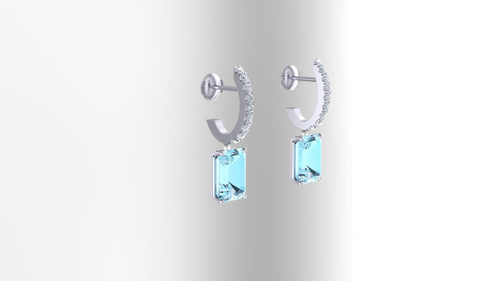 FERRUCCI Platin-Ohrringe mit 5 Karat Aquamarin im Smaragdschliff und Diamanten (Tropfenschliff)