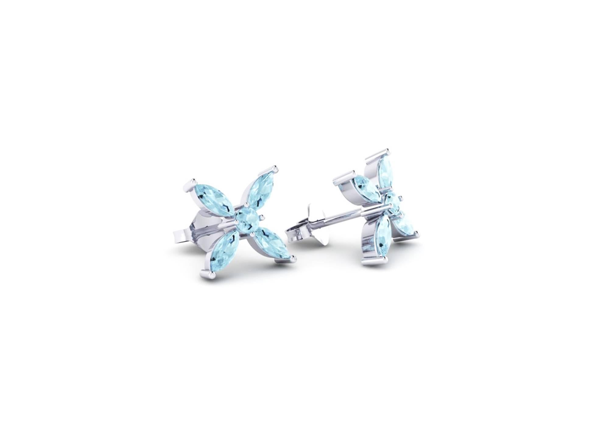 Pendientes flor marquesa de aguamarina Ferrucci en montura de oro blanco de 18 quilates, fabricados en Nueva York por un maestro joyero italiano, un look fresco perfecto para la primavera y el verano, un diseño pret a porter para cada día y cada